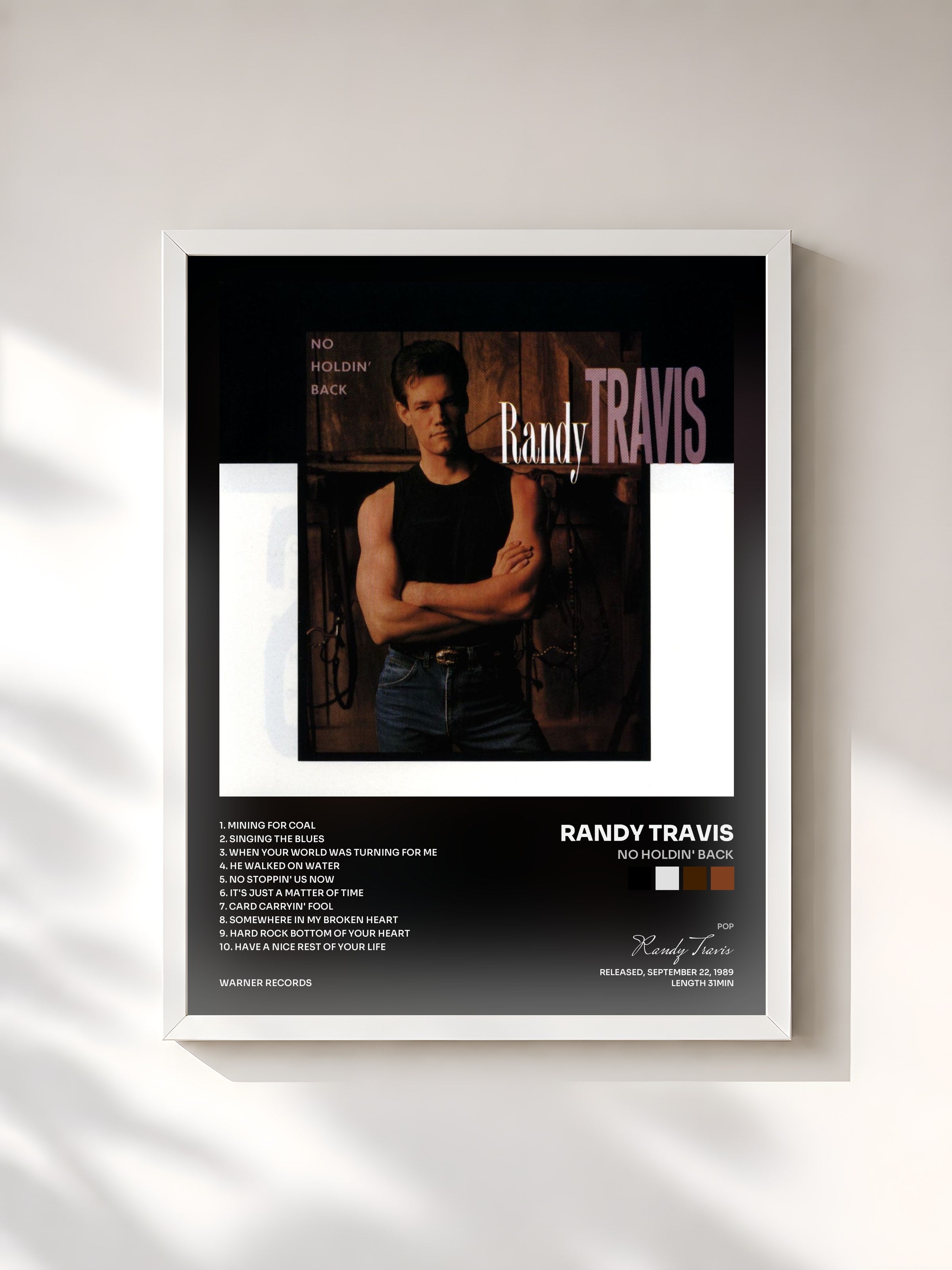 #blanc Tableau de l'album No Holdin' Back de Randy Travis, cadre blanc, imprimé et encadré en France