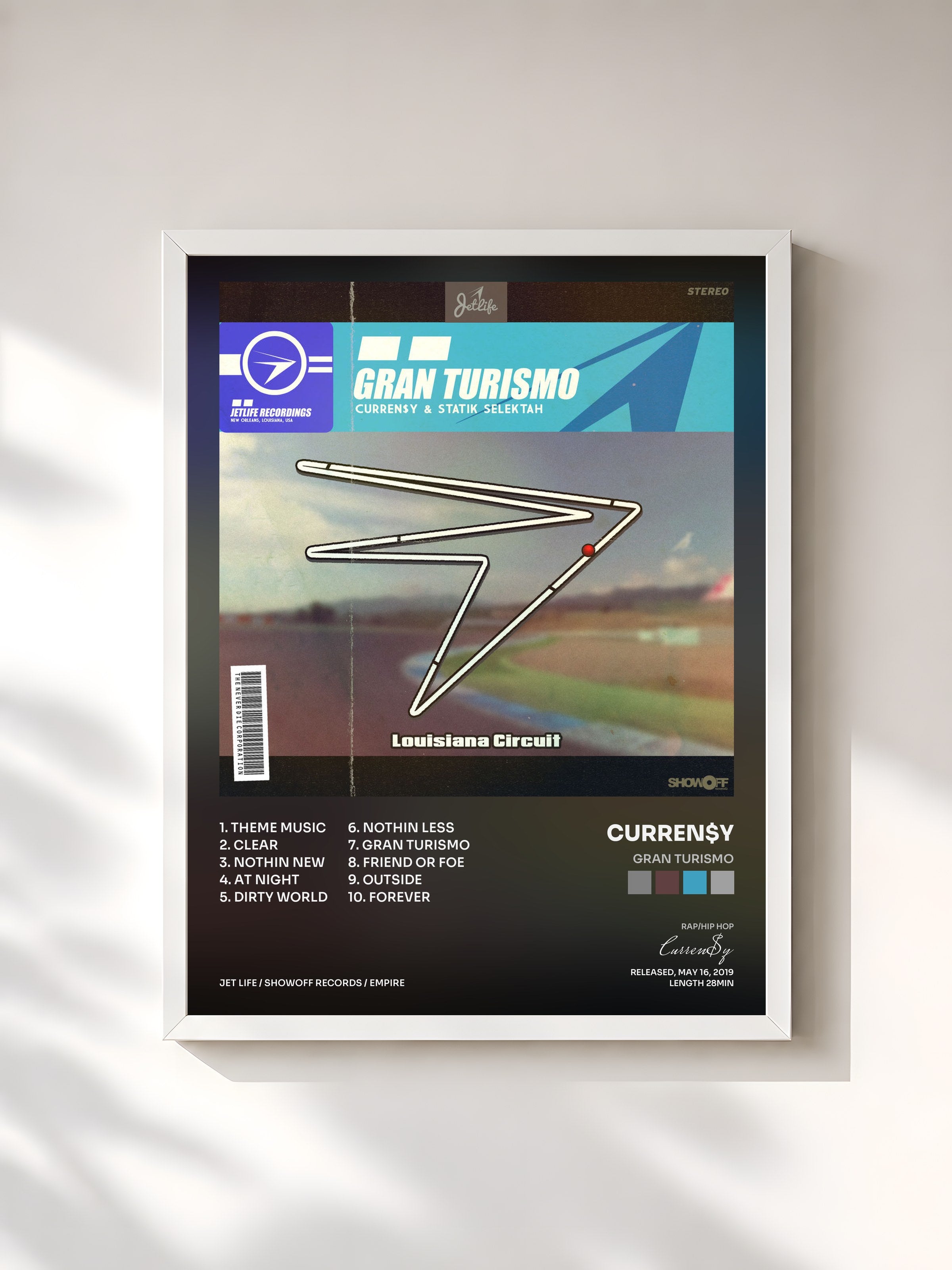 #blanc Tableau de l'album Gran Turismo de Curren$y, cadre blanc, imprimé et encadré en France