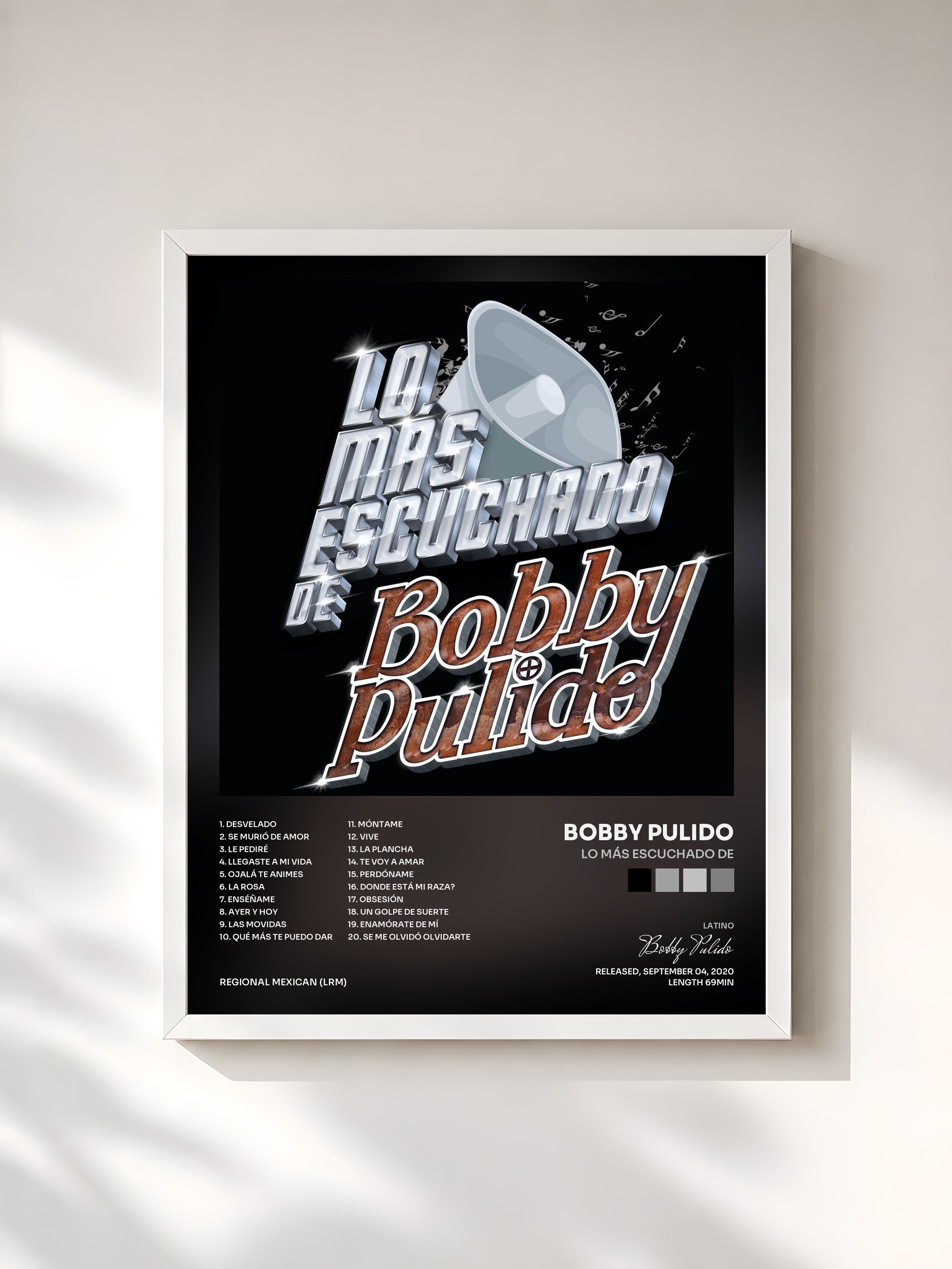 #blanc Tableau de l'album Lo Más Escuchado De de Bobby Pulido, cadre blanc, imprimé et encadré en France