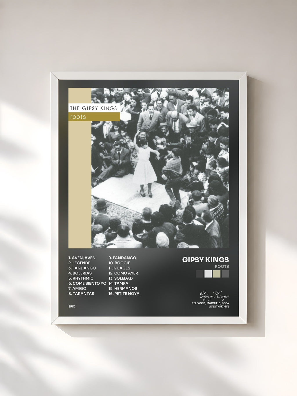 #blanc Tableau de l'album Roots de Gipsy Kings, cadre blanc, imprimé et encadré en France
