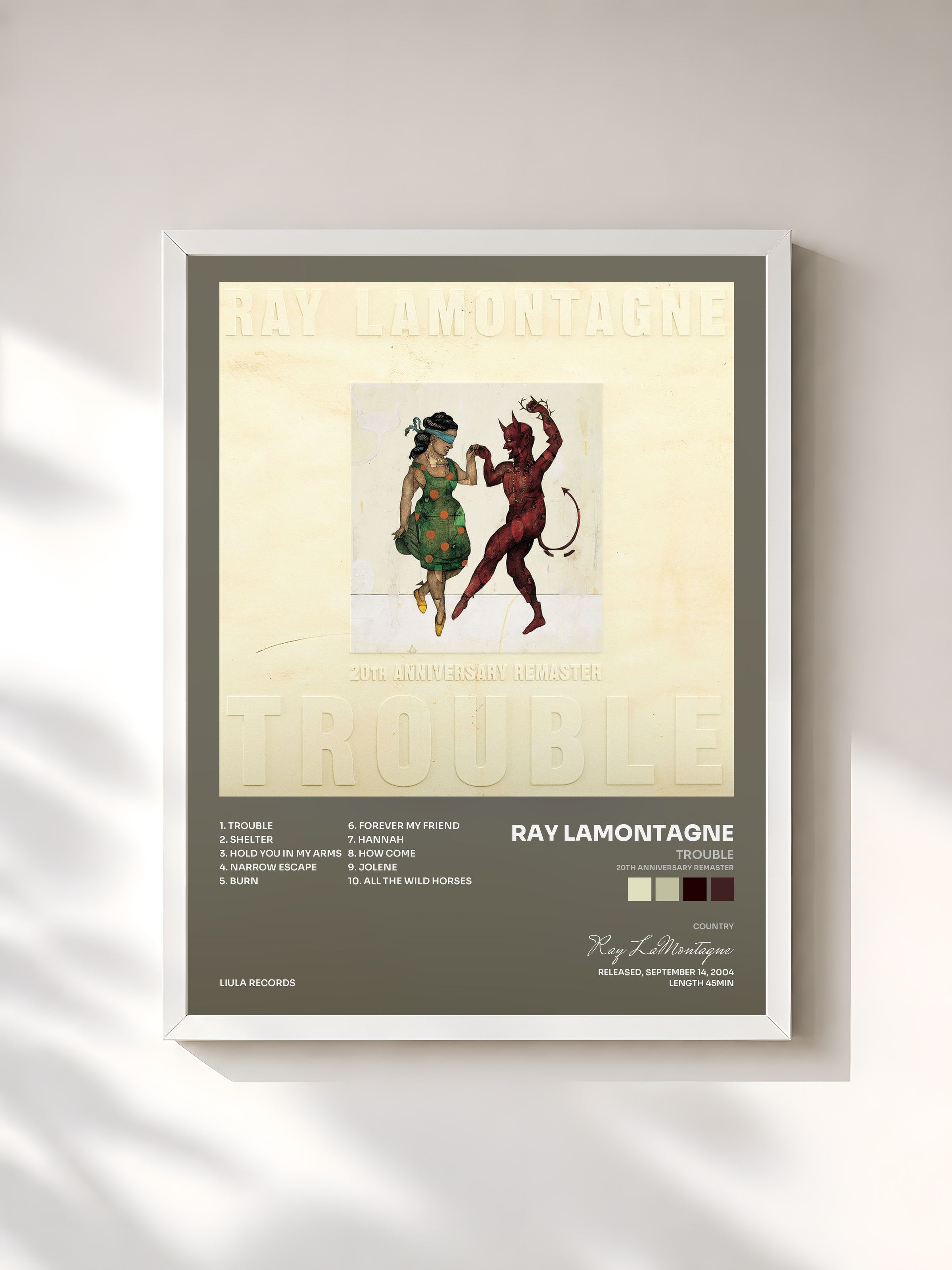 #blanc Tableau de l'album Trouble (20th Anniversary Remaster) de Ray LaMontagne, cadre blanc, imprimé et encadré en France
