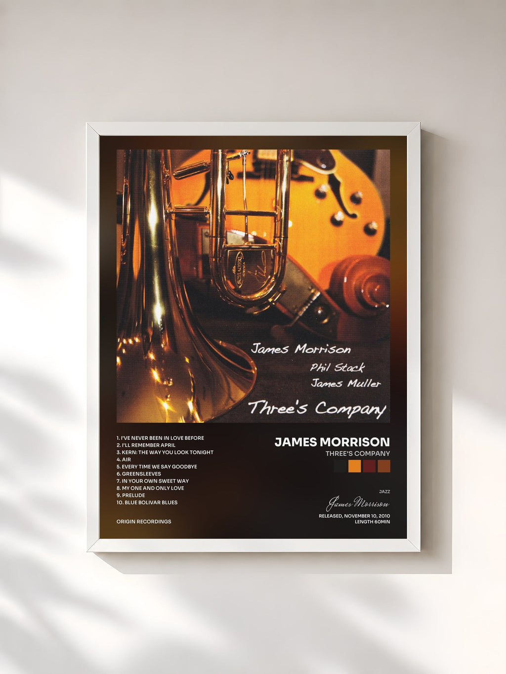 #blanc Tableau de l'album Three's Company de James Morrison, cadre blanc, imprimé et encadré en France