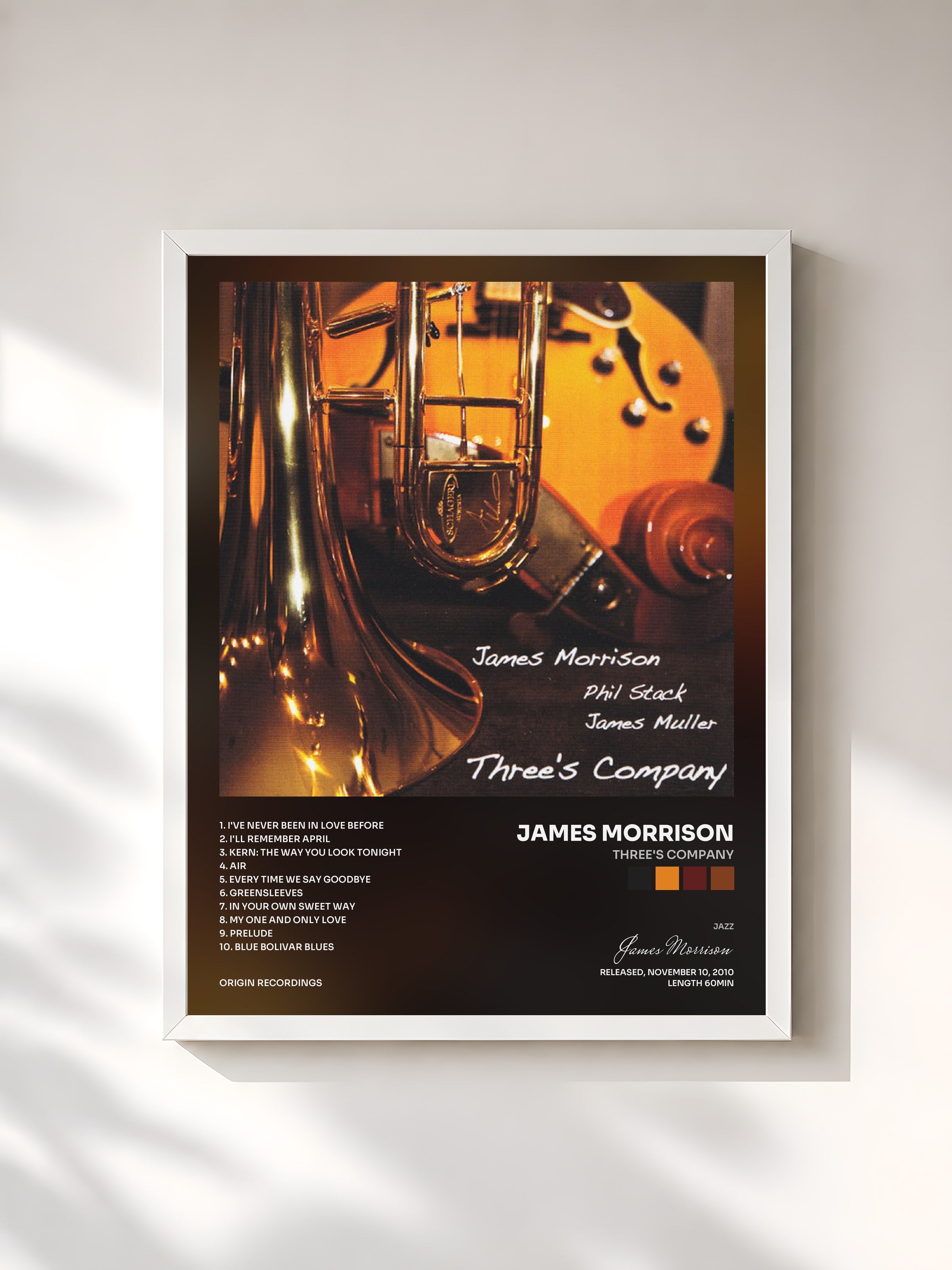 #blanc Tableau de l'album Three's Company de James Morrison, cadre blanc, imprimé et encadré en France
