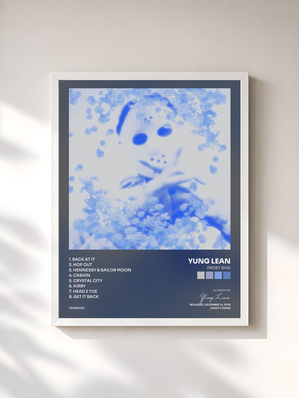 #blanc Tableau de l'album Frost God de Yung Lean, cadre blanc, imprimé et encadré en France