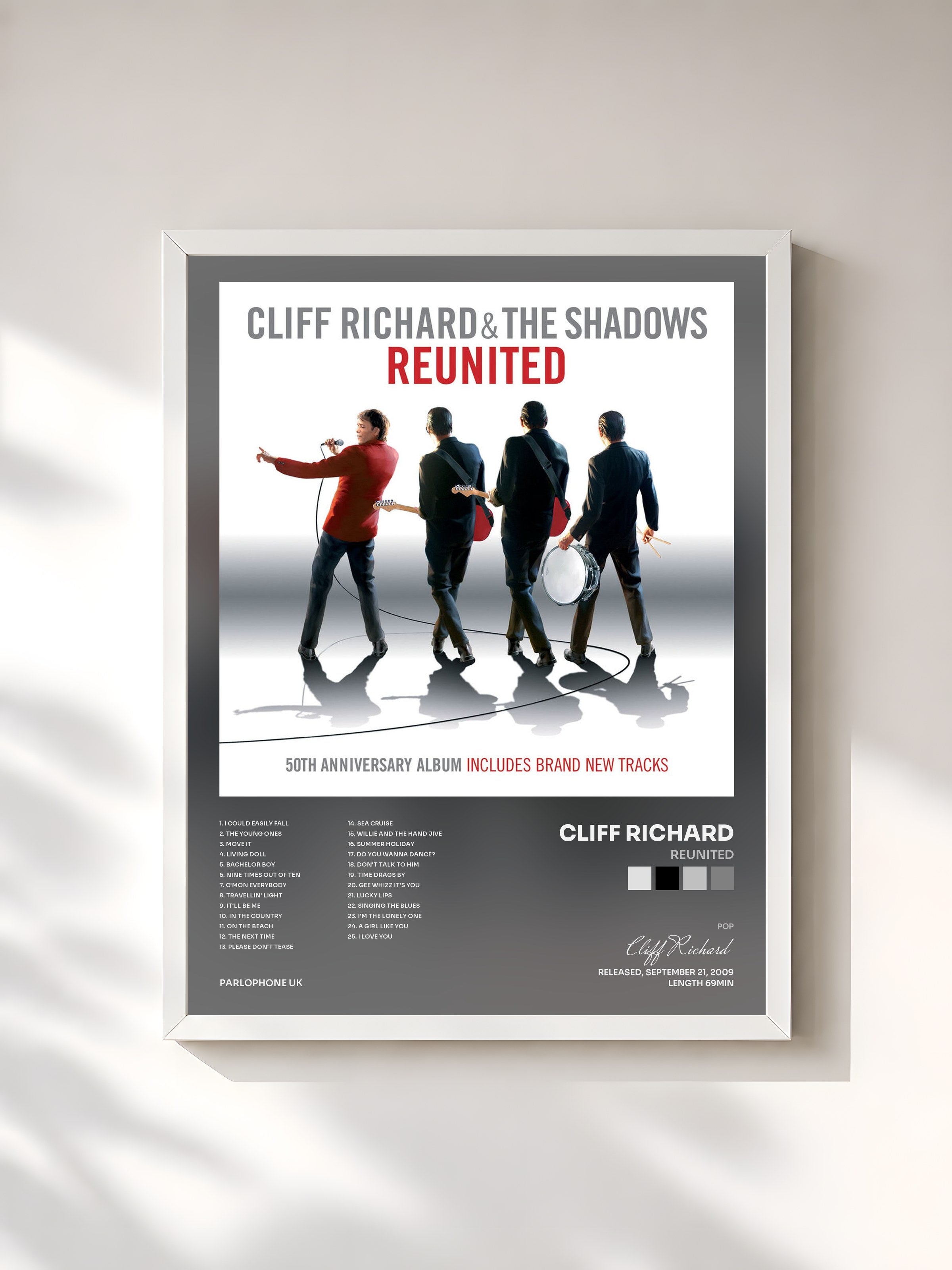 #blanc Tableau de l'album Reunited de Cliff Richard, cadre blanc, imprimé et encadré en France