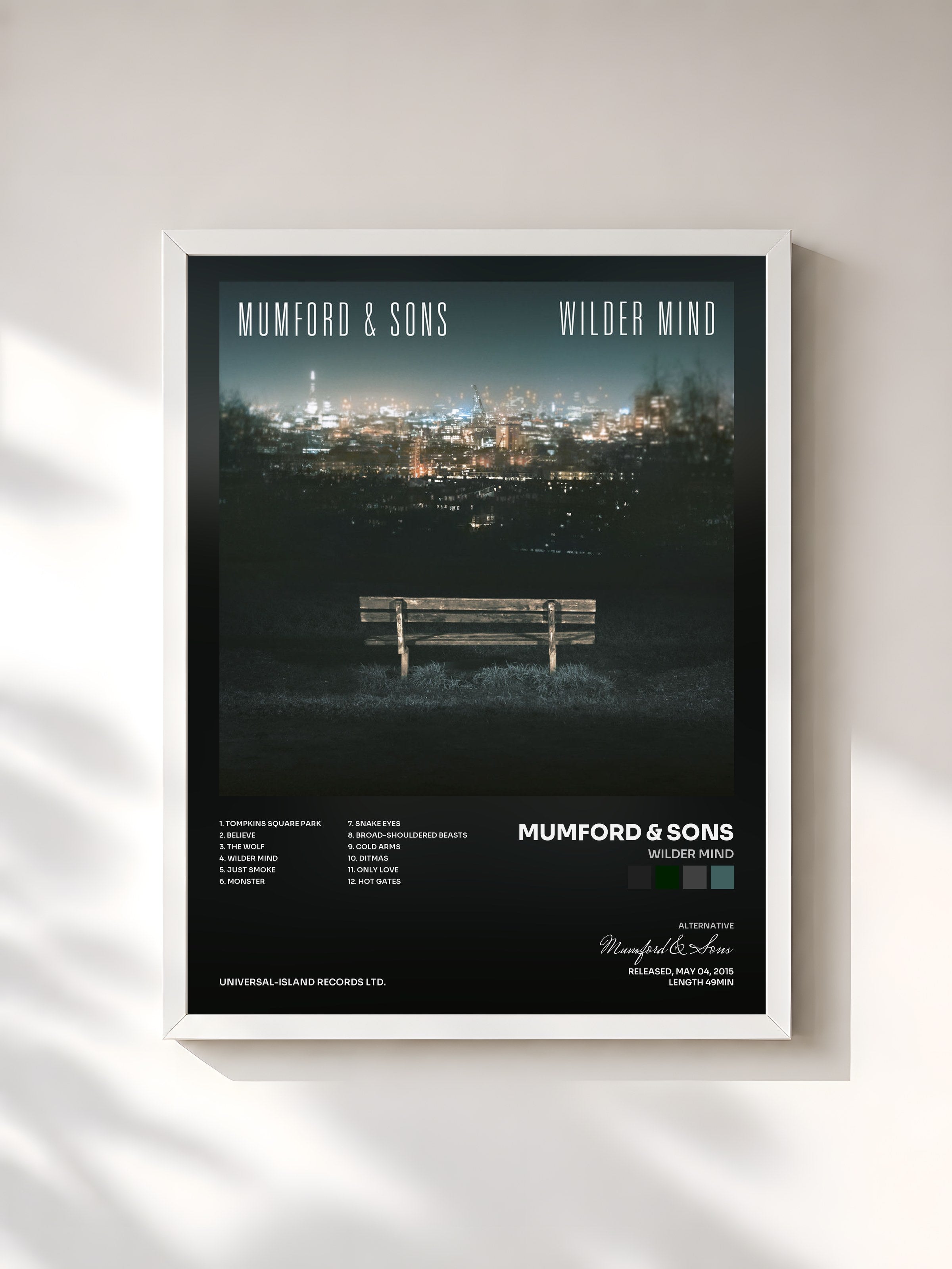 #blanc Tableau de l'album Wilder Mind de Mumford & Sons, cadre blanc, imprimé et encadré en France