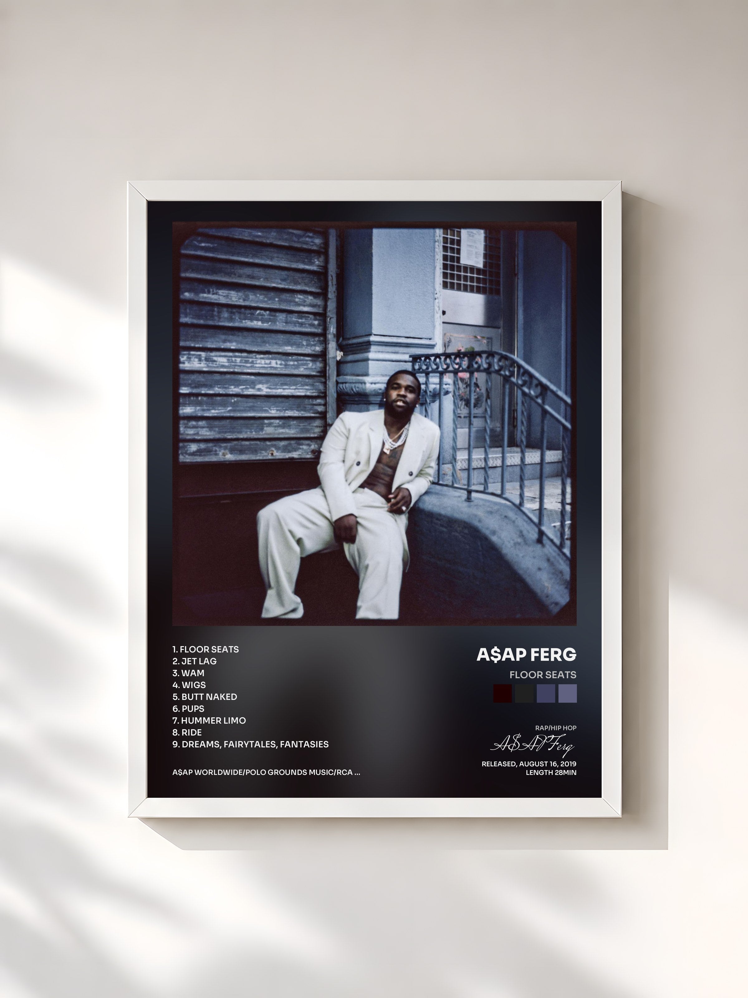 #blanc Tableau de l'album Floor Seats de A$AP Ferg, cadre blanc, imprimé et encadré en France