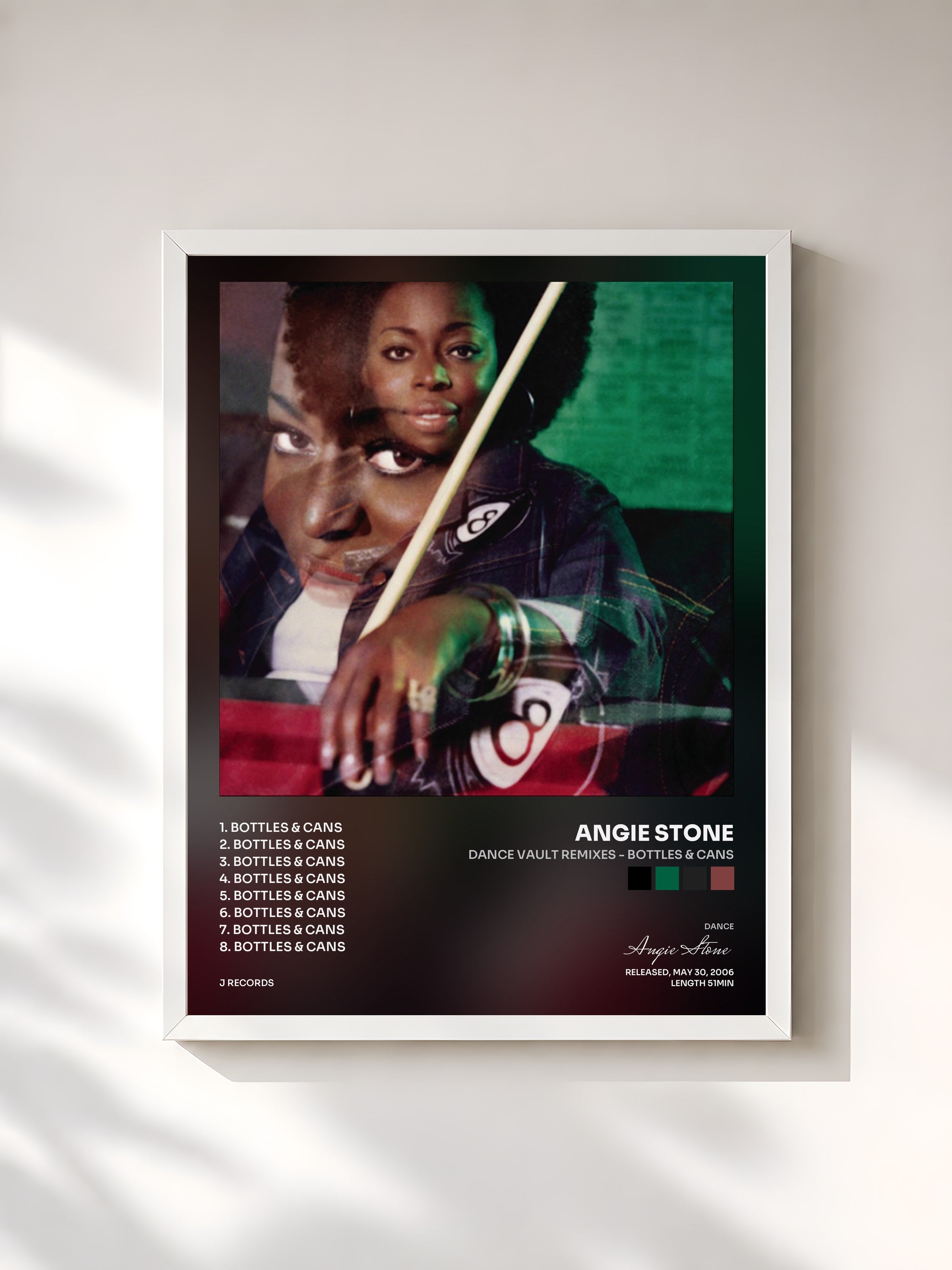 #blanc Tableau de l'album Dance Vault Remixes - Bottles & Cans de Angie Stone, cadre blanc, imprimé et encadré en France