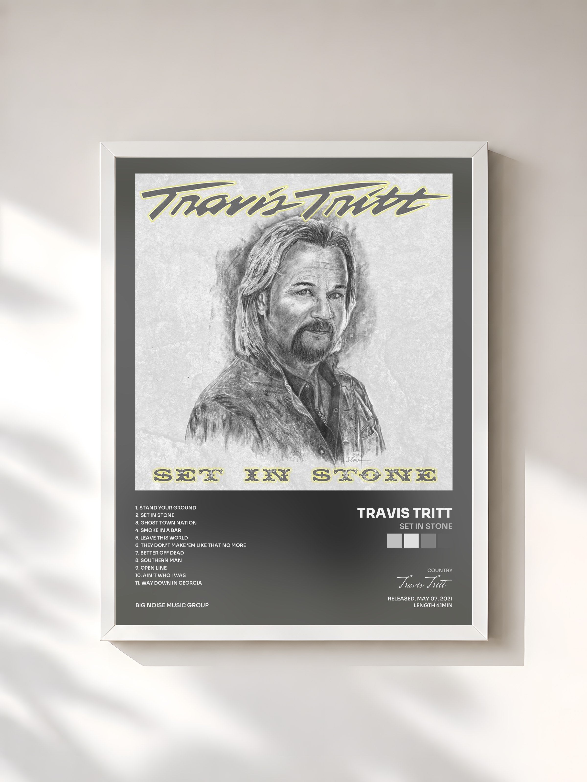 #blanc Tableau de l'album Set In Stone de Travis Tritt, cadre blanc, imprimé et encadré en France