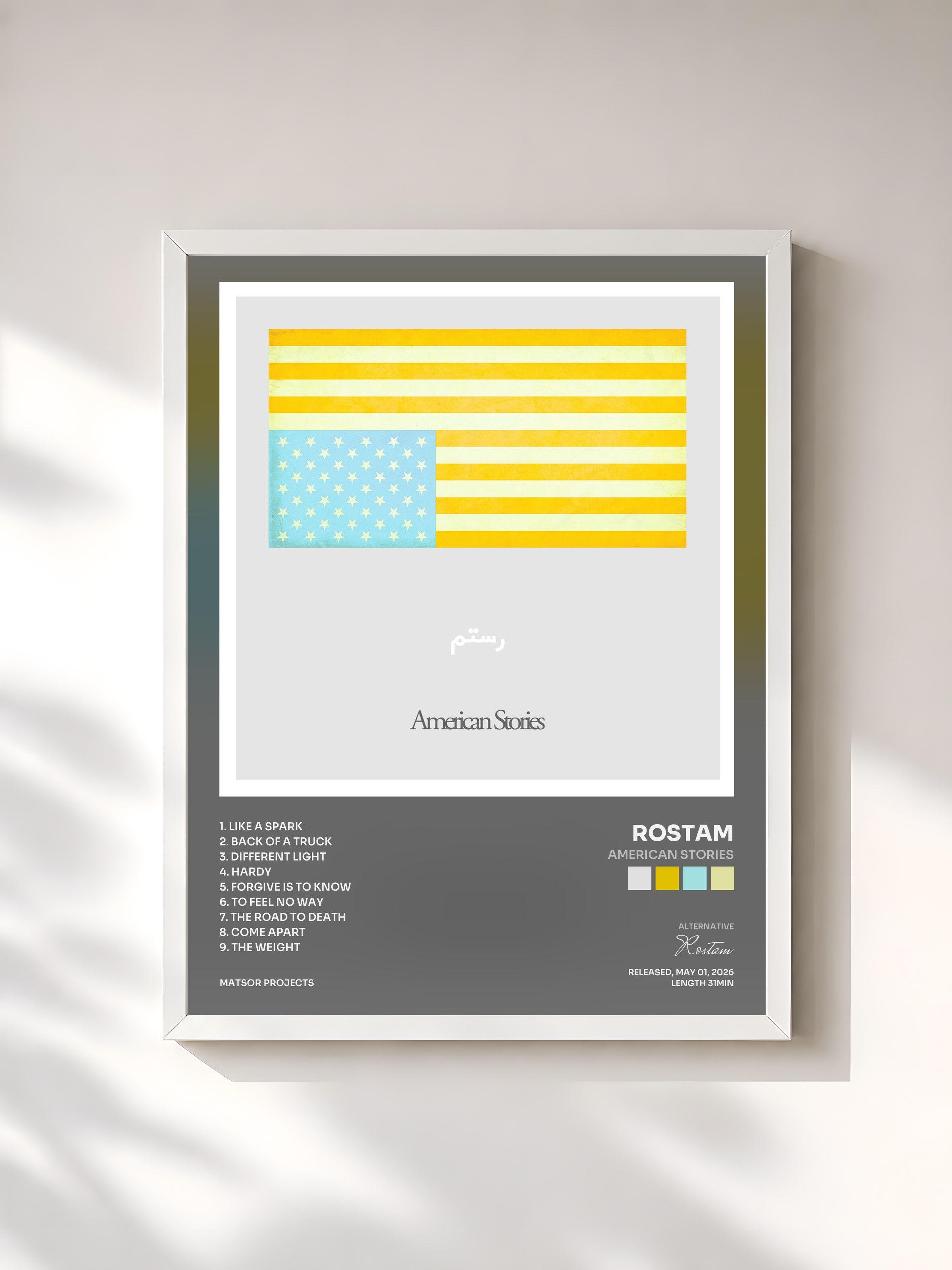 #blanc Tableau de l'album American Stories de Rostam, cadre blanc, imprimé et encadré en France