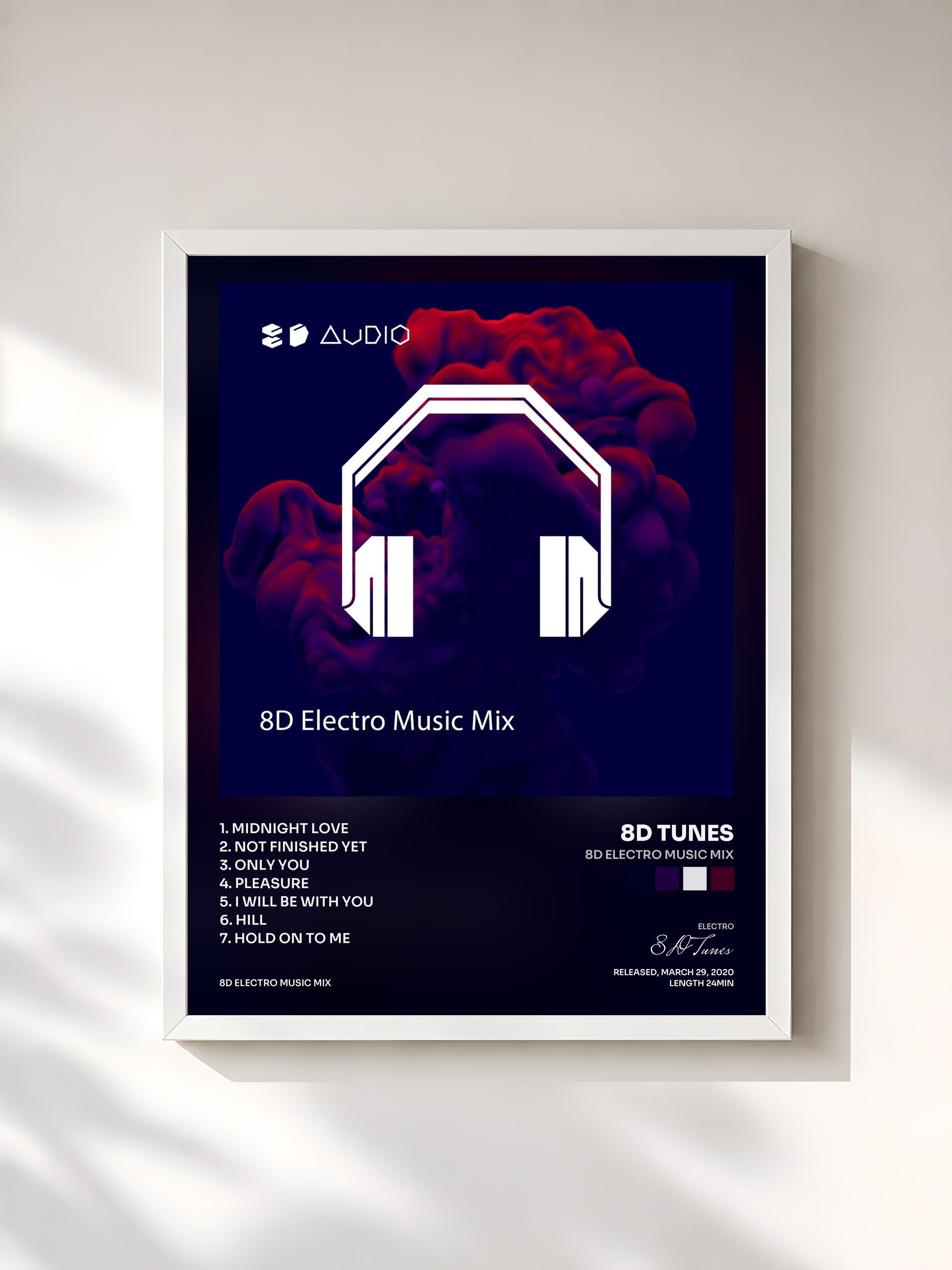 #blanc Tableau de l'album 8D Electro Music Mix de 8D Tunes, cadre blanc, imprimé et encadré en France
