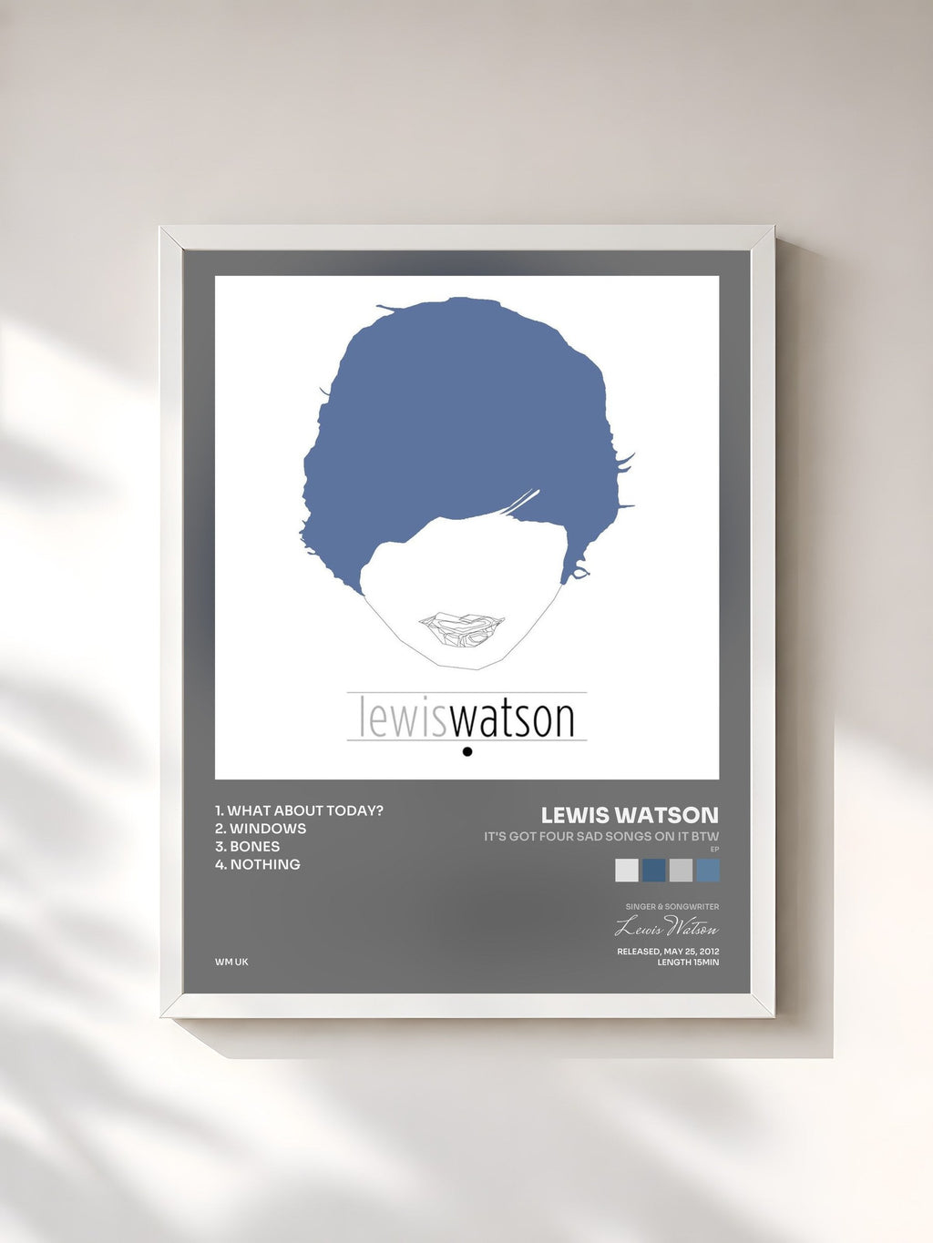 #blanc It's Got Four Sad Songs on It BTW (EP) von Lewis Watson als gerahmter Kunstdruck, weißer Rahmen, gedruckt und gerahmt in Frankreich