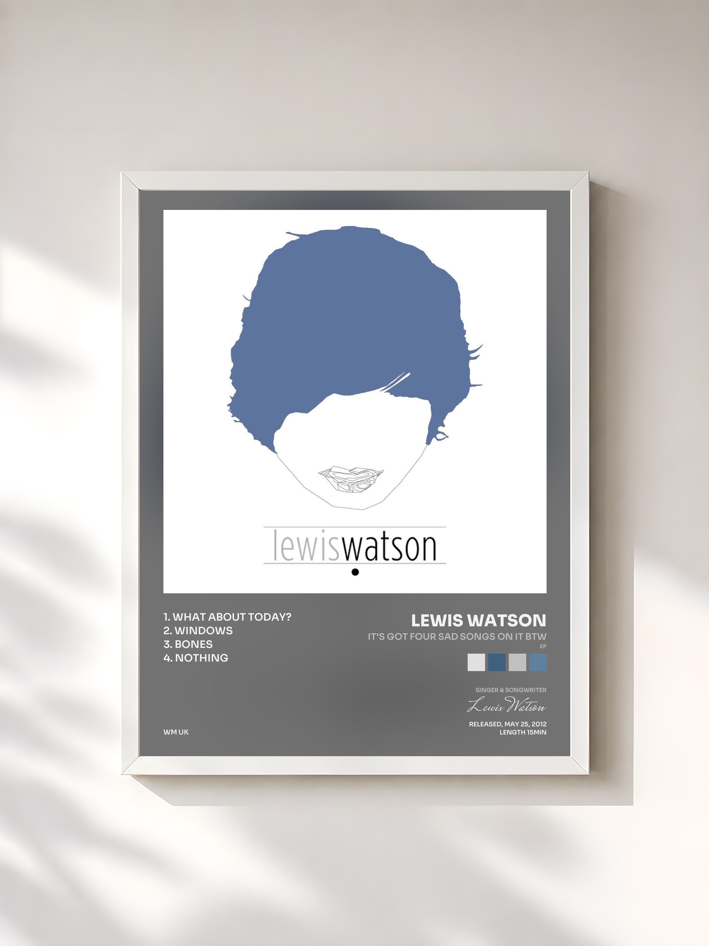 #blanc Tableau de l'album It's Got Four Sad Songs on It BTW (EP) de Lewis Watson, cadre blanc, imprimé et encadré en France