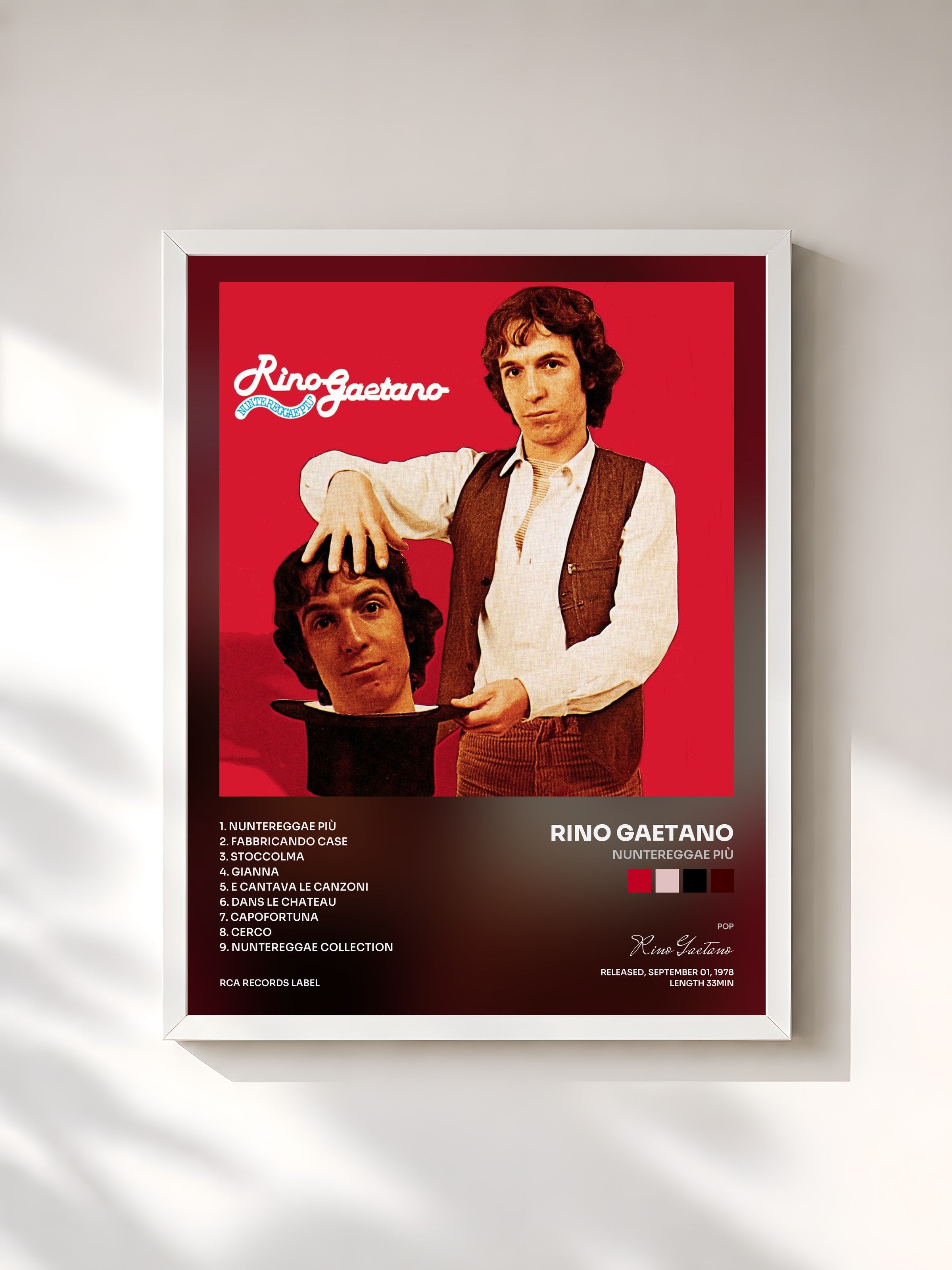 #blanc Tableau de l'album Nuntereggae Più de Rino Gaetano, cadre blanc, imprimé et encadré en France