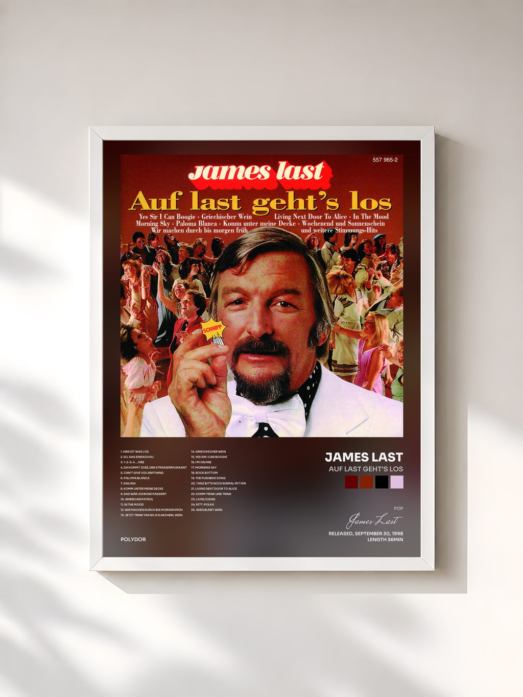 #blanc Auf Last Geht's Los by James Last as a framed art print, white frame, printed and framed in France