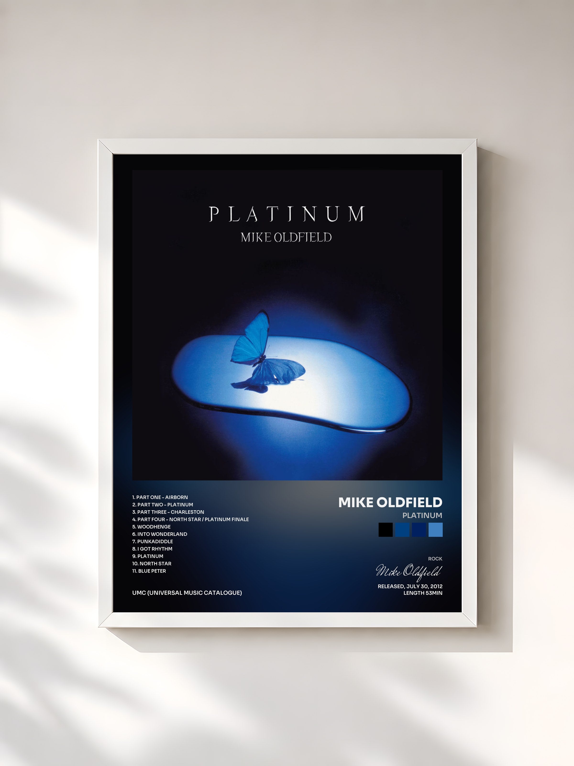 #blanc Tableau de l'album Platinum de Mike Oldfield, cadre blanc, imprimé et encadré en France