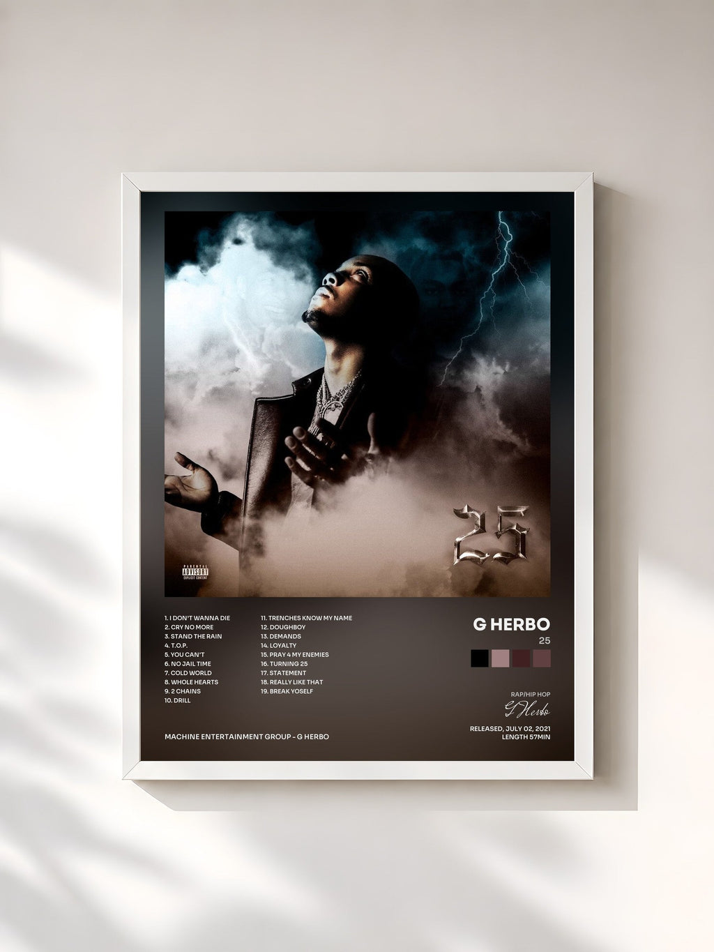 #blanc Tableau de l'album 25 de G Herbo, cadre blanc, imprimé et encadré en France