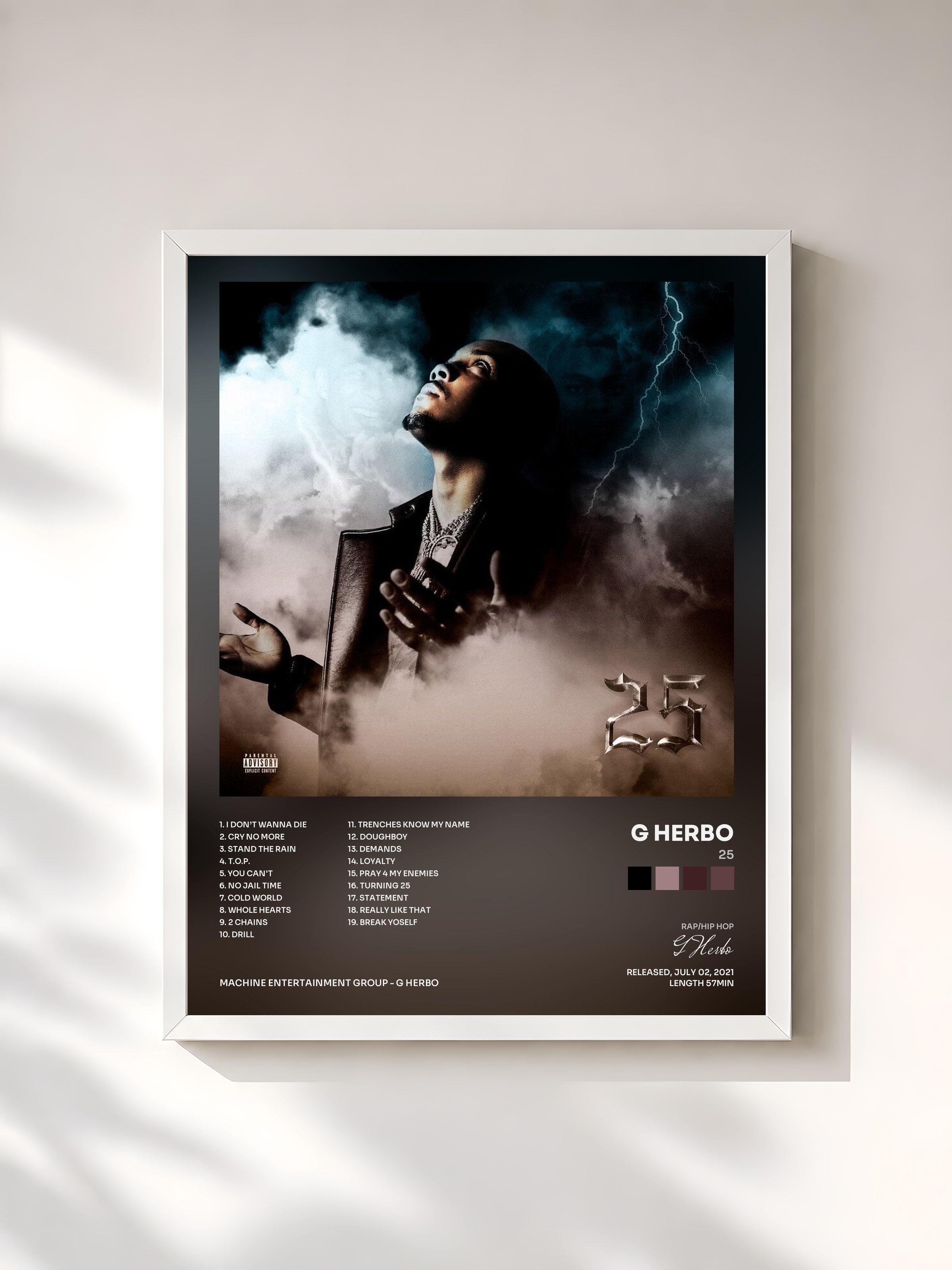 #blanc Tableau de l'album 25 de G Herbo, cadre blanc, imprimé et encadré en France