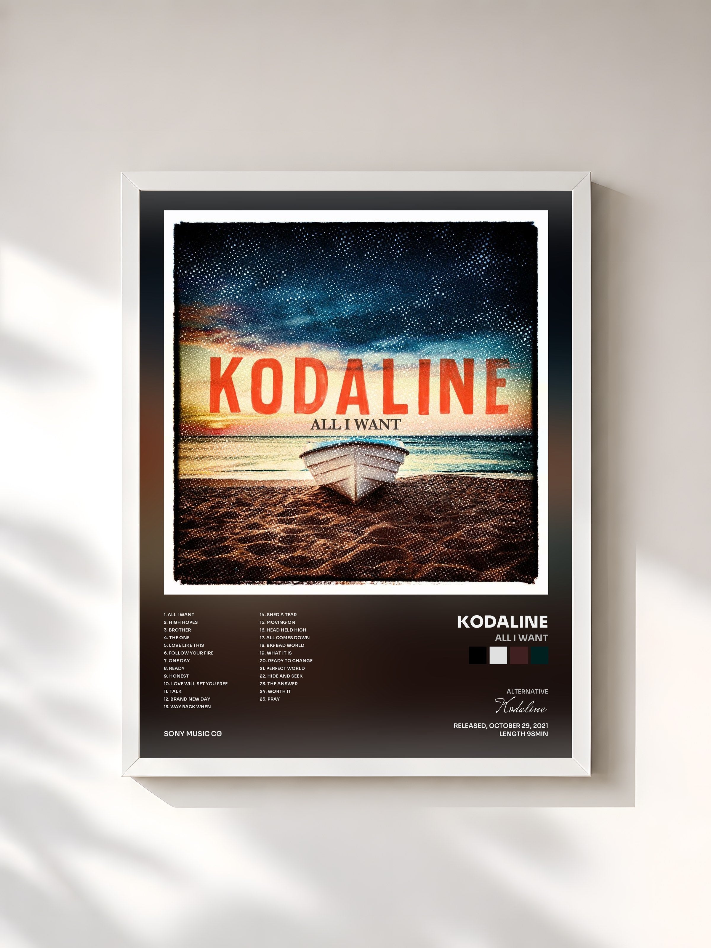 #blanc Tableau de l'album All I Want de Kodaline, cadre blanc, imprimé et encadré en France