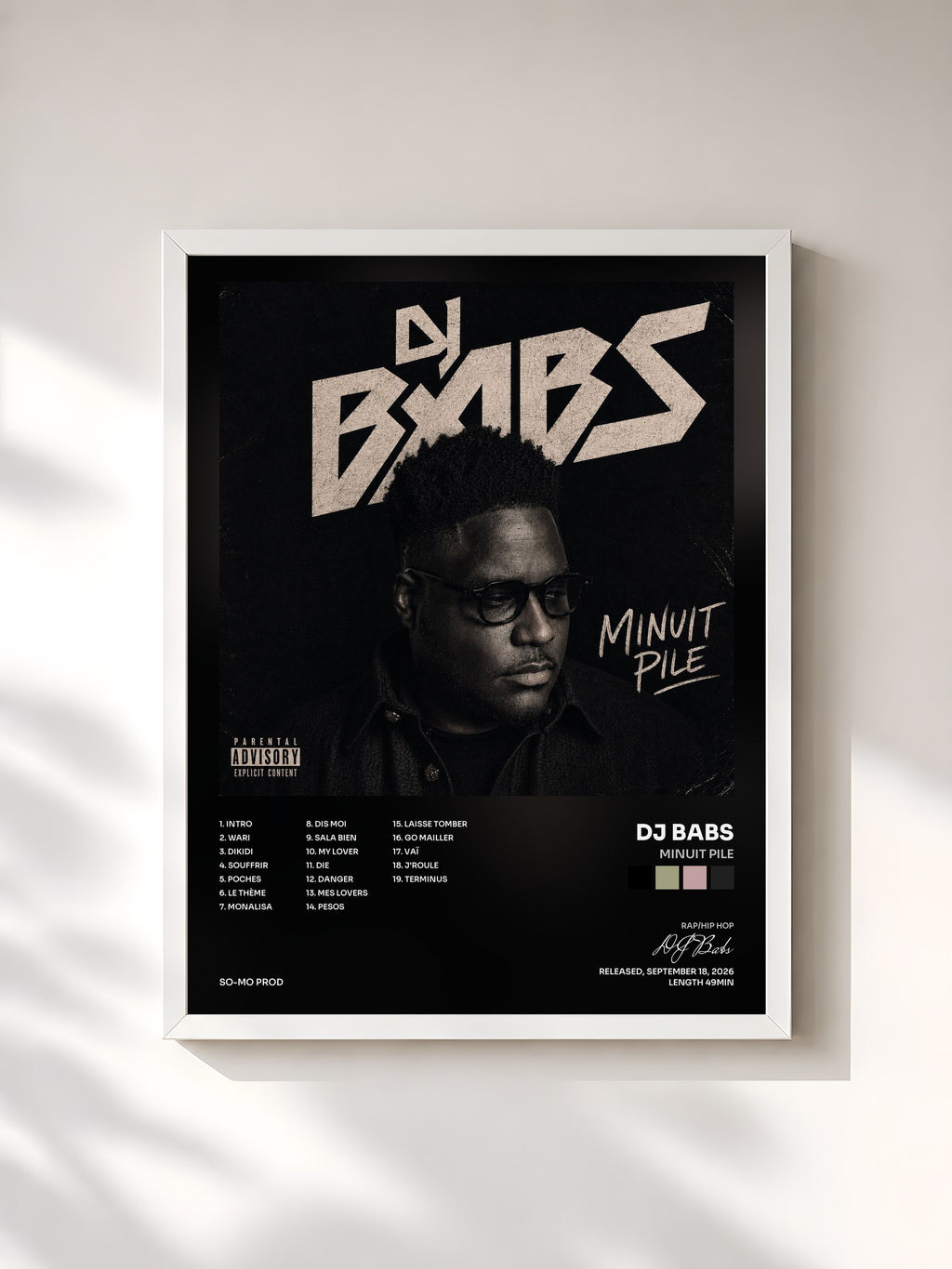 #blanc Tableau de l'album MINUIT PILE de DJ Babs, cadre blanc, imprimé et encadré en France