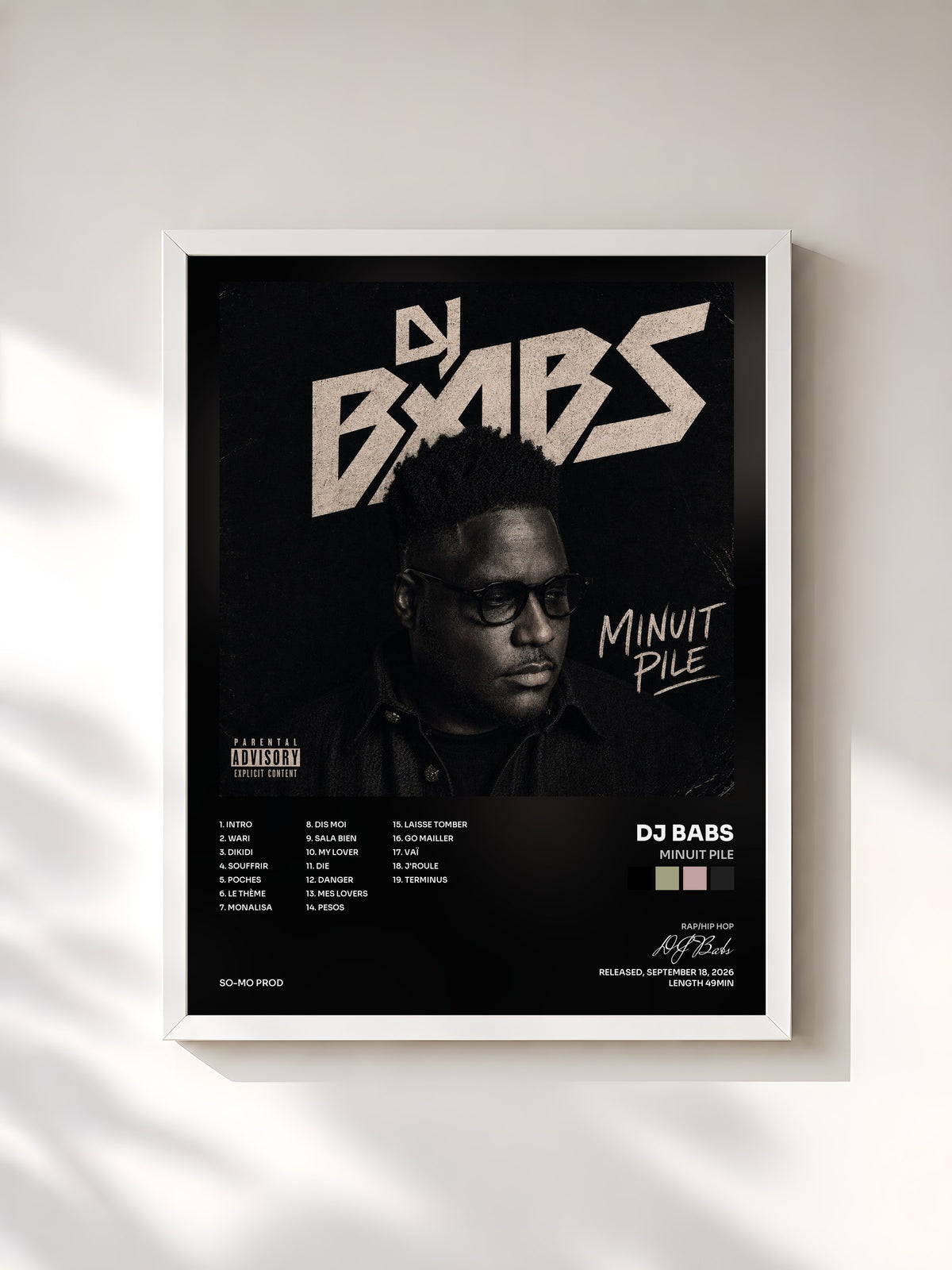 #blanc Tableau de l'album MINUIT PILE de DJ Babs, cadre blanc, imprimé et encadré en France