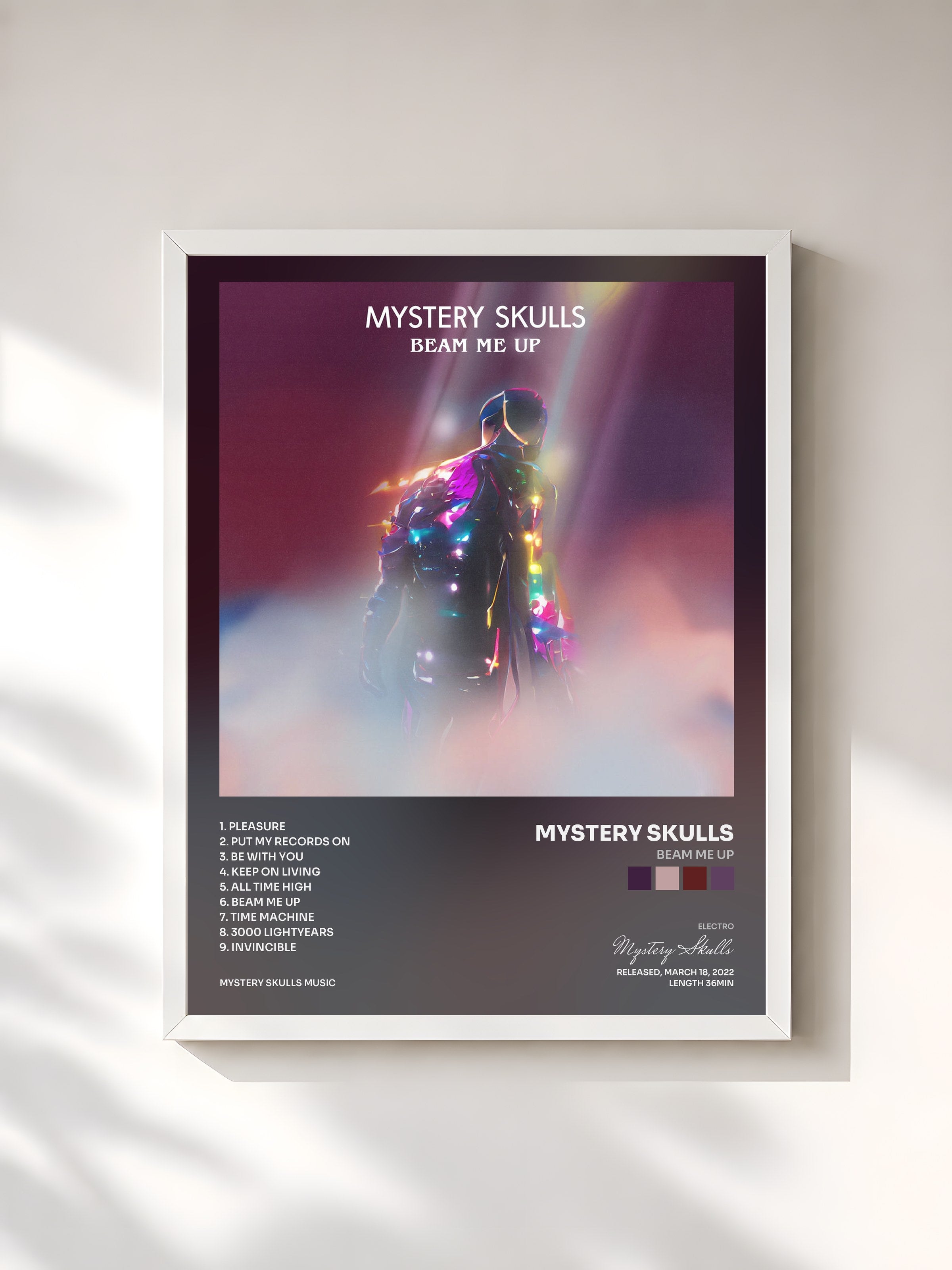 #blanc Tableau de l'album Beam Me Up de Mystery Skulls, cadre blanc, imprimé et encadré en France