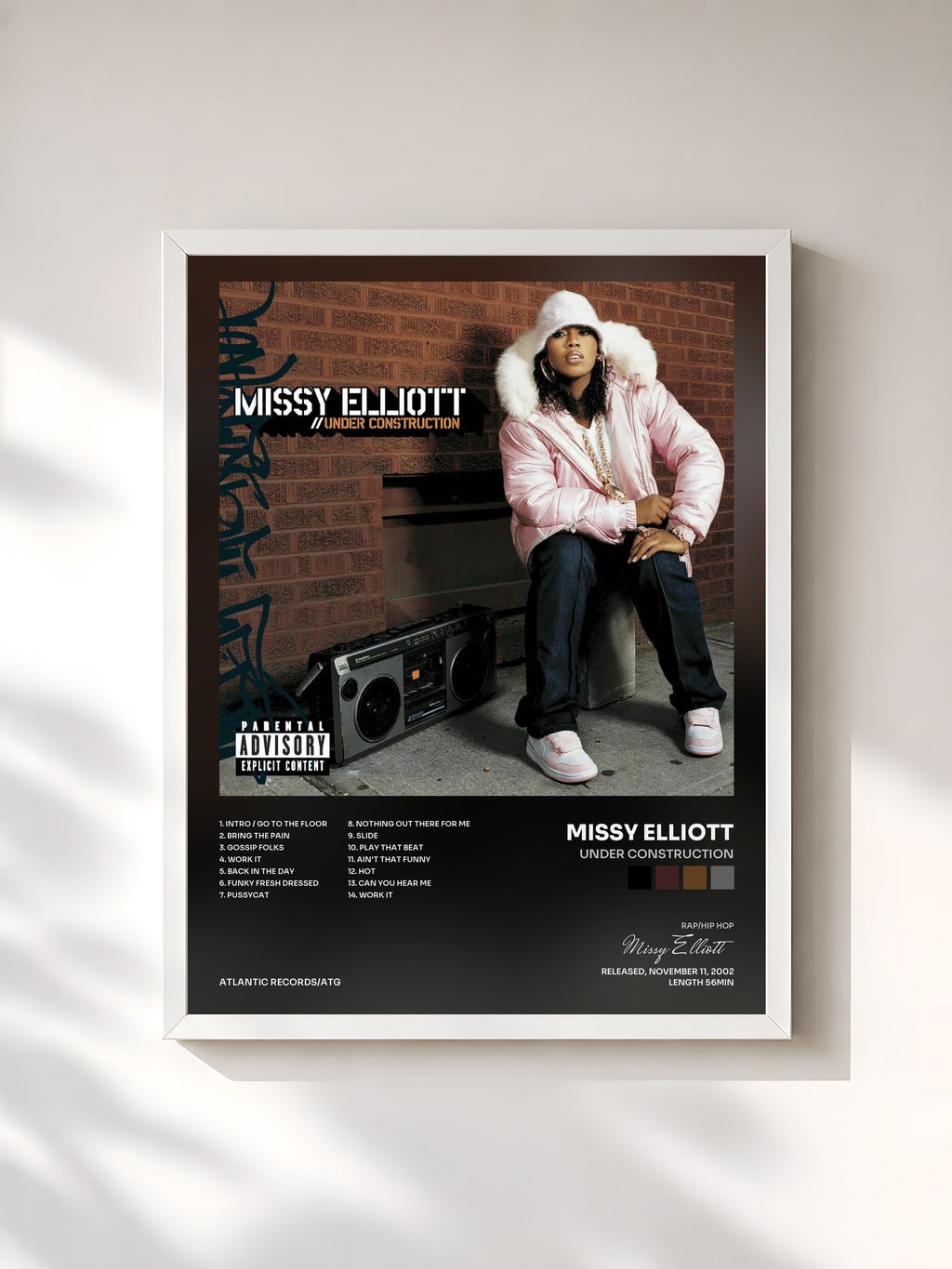 #blanc Tableau de l'album Under Construction de Missy Elliott, cadre blanc, imprimé et encadré en France