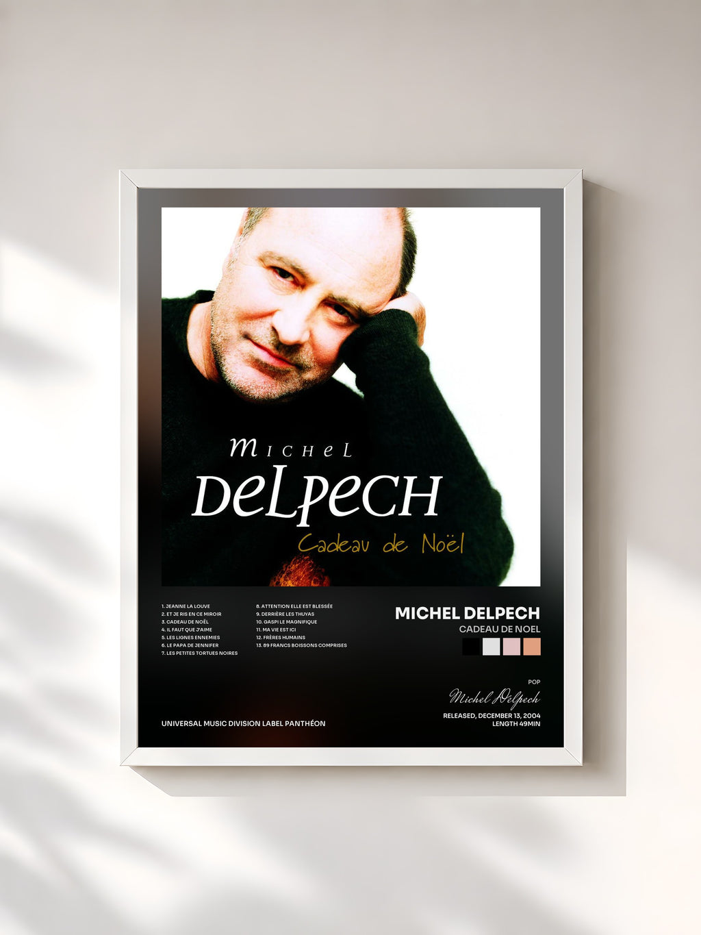 #blanc Tableau de l'album Cadeau De Noel de Michel Delpech, cadre blanc, imprimé et encadré en France