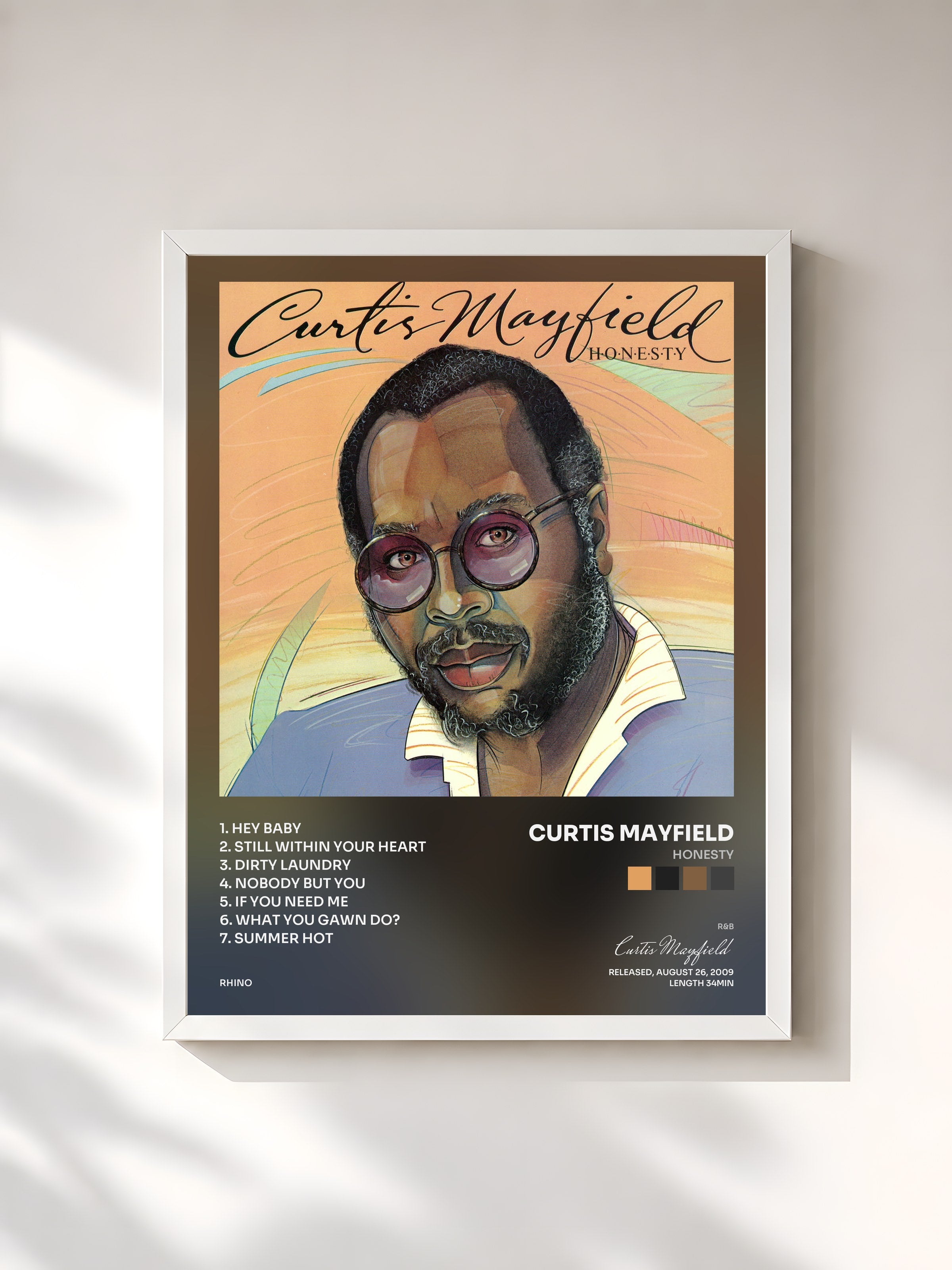 #blanc Tableau de l'album Honesty de Curtis Mayfield, cadre blanc, imprimé et encadré en France