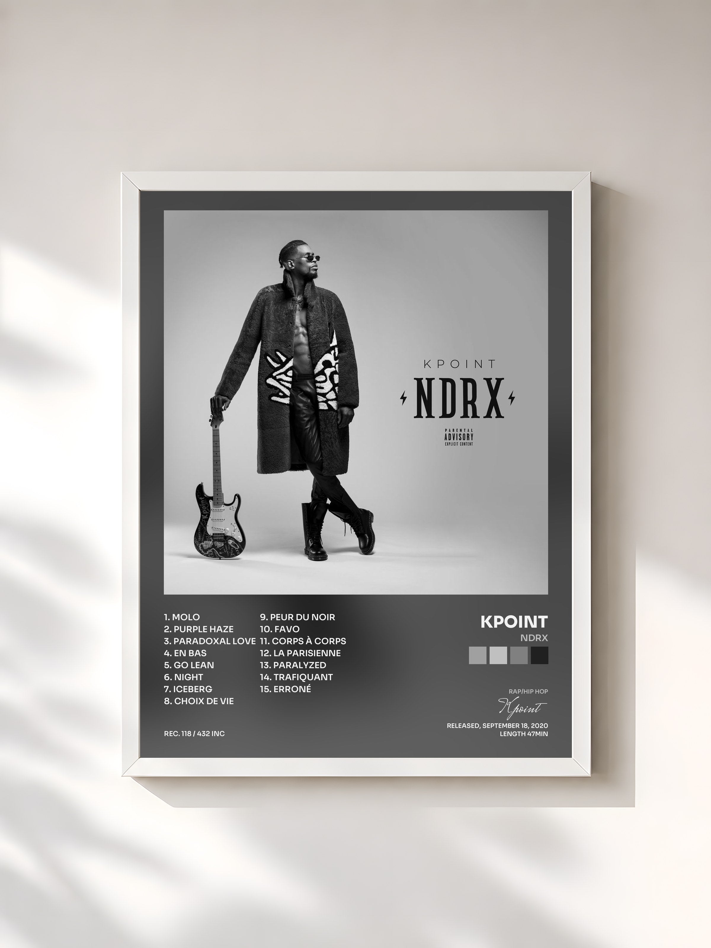 #blanc Tableau de l'album NDRX de Kpoint, cadre blanc, imprimé et encadré en France