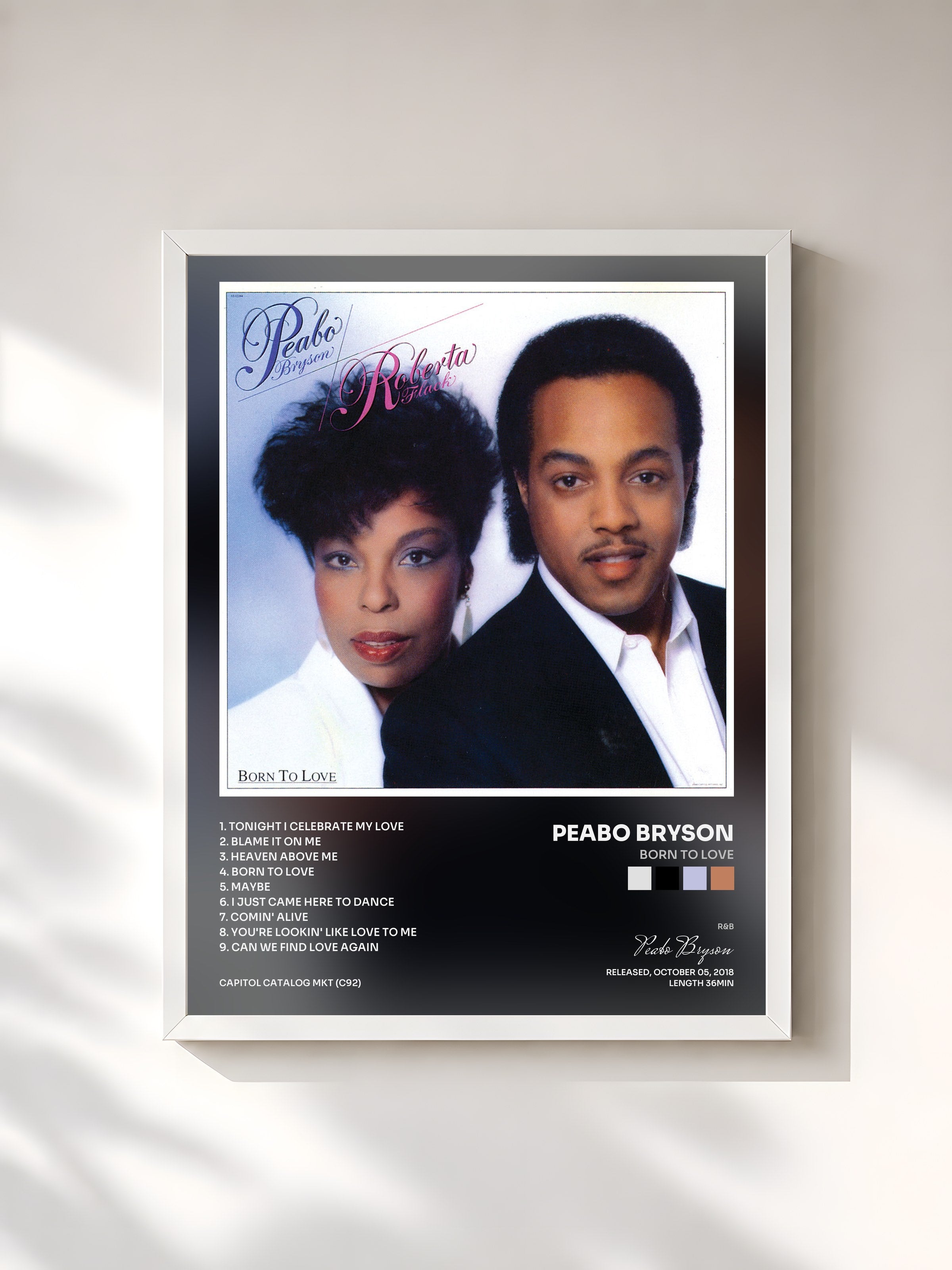#blanc Tableau de l'album Born To Love de Peabo Bryson, cadre blanc, imprimé et encadré en France