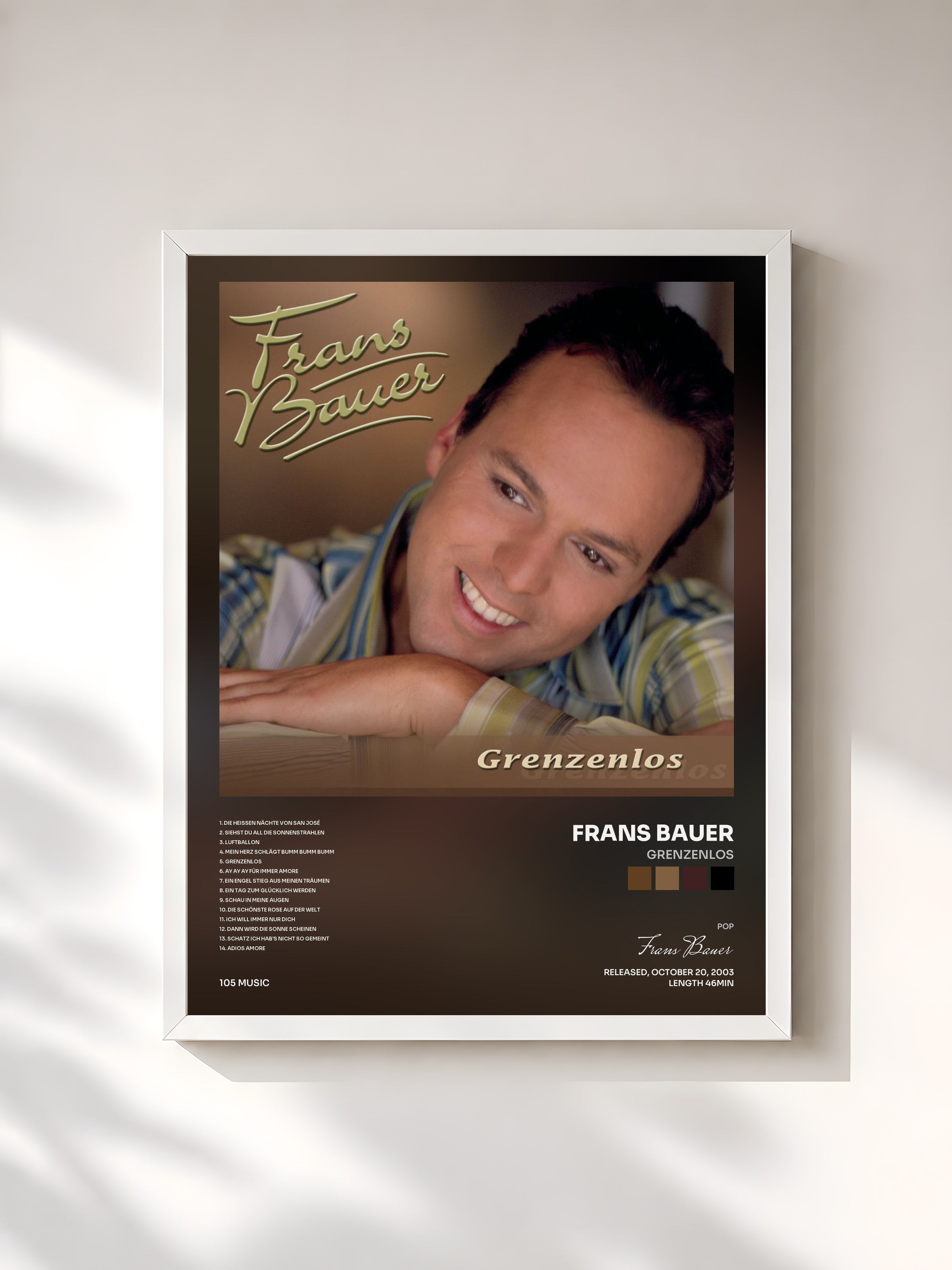 #blanc Tableau de l'album Grenzenlos de Frans Bauer, cadre blanc, imprimé et encadré en France