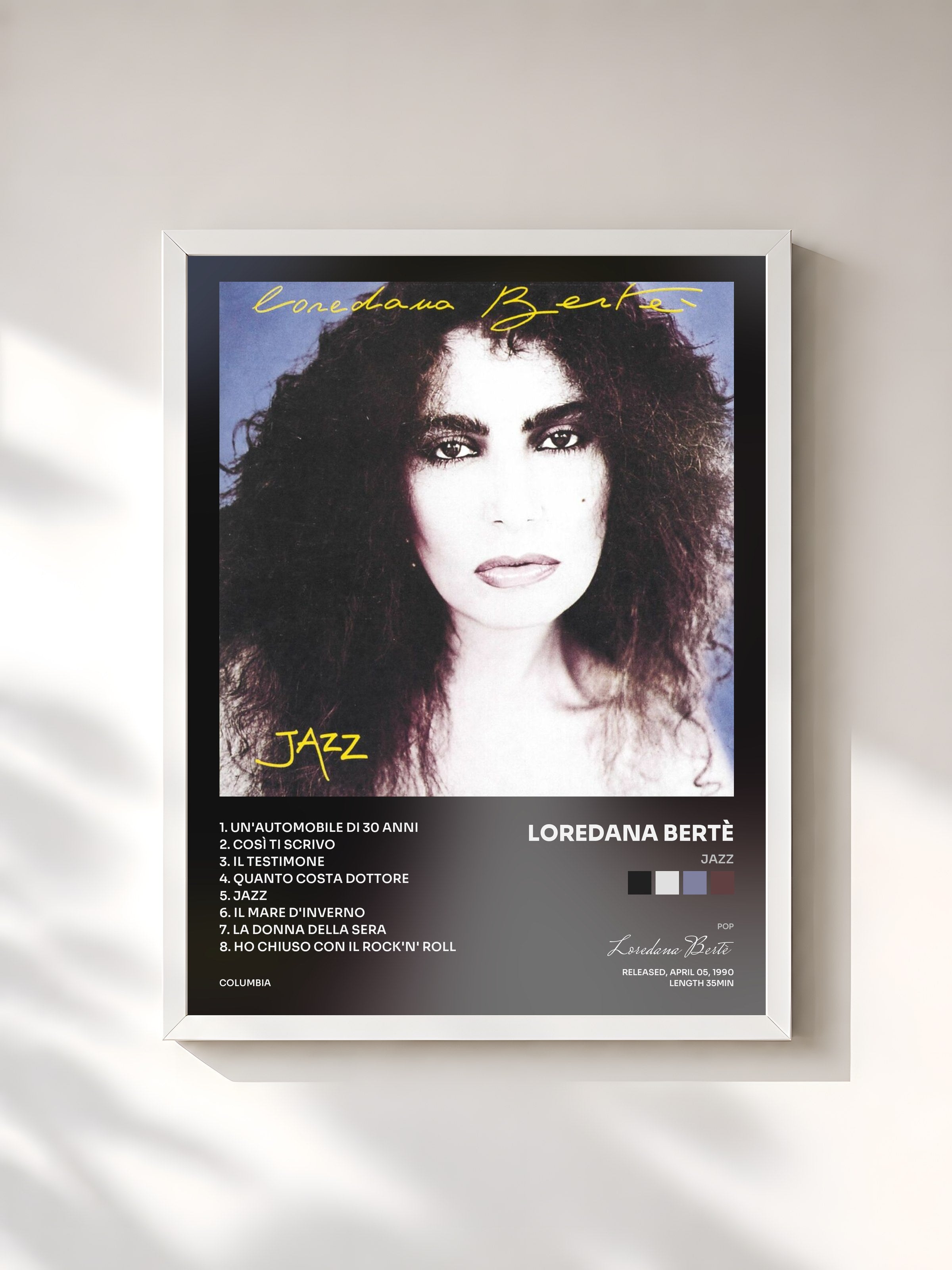 #blanc Tableau de l'album Jazz de Loredana Bertè, cadre blanc, imprimé et encadré en France
