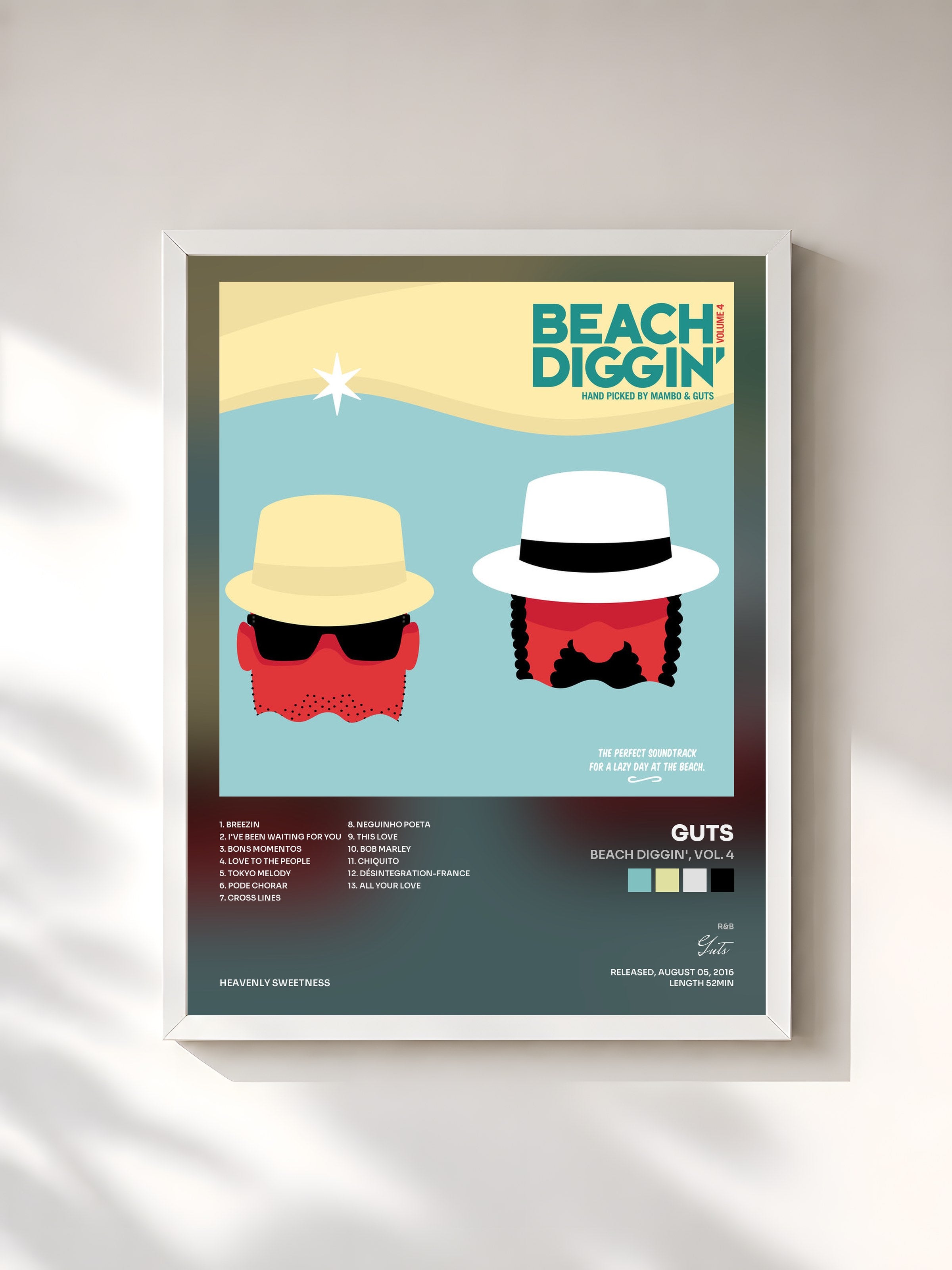 #blanc Tableau de l'album Beach Diggin', Vol. 4 de Guts, cadre blanc, imprimé et encadré en France