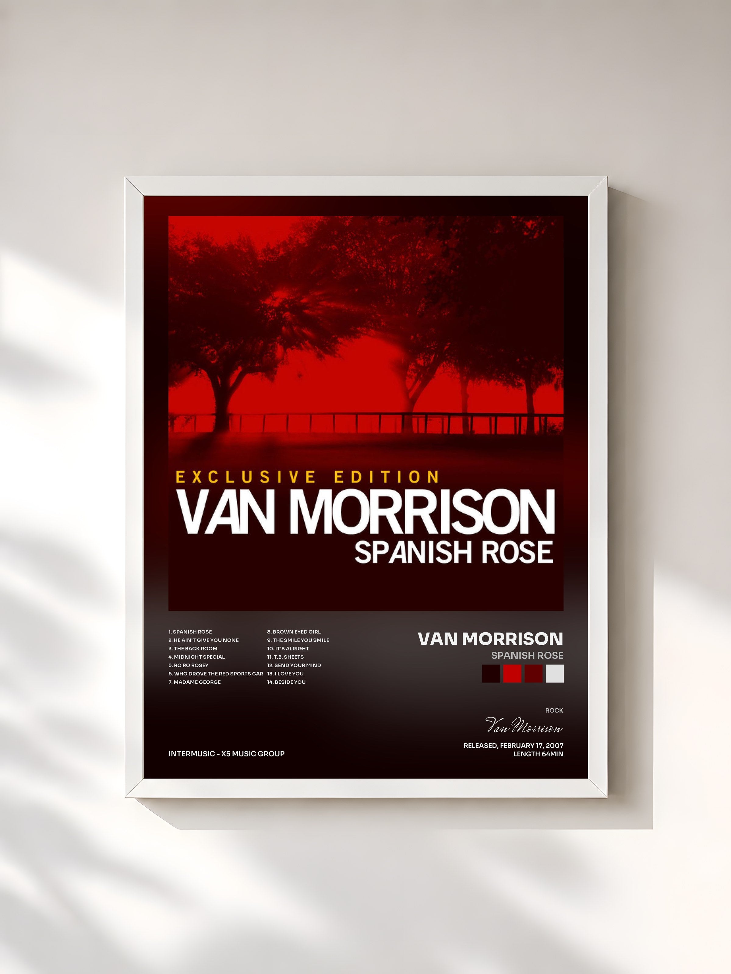 #blanc Tableau de l'album Spanish Rose de Van Morrison, cadre blanc, imprimé et encadré en France