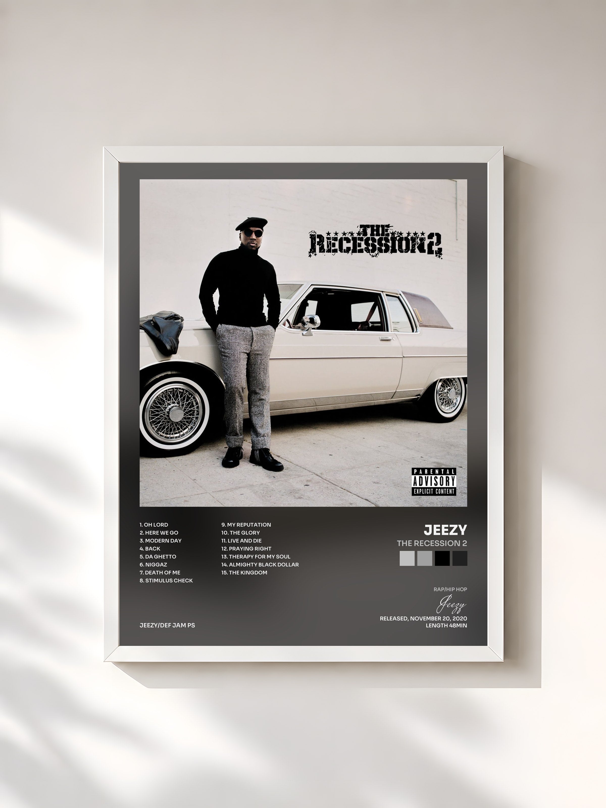 #blanc Tableau de l'album The Recession 2 de Jeezy, cadre blanc, imprimé et encadré en France