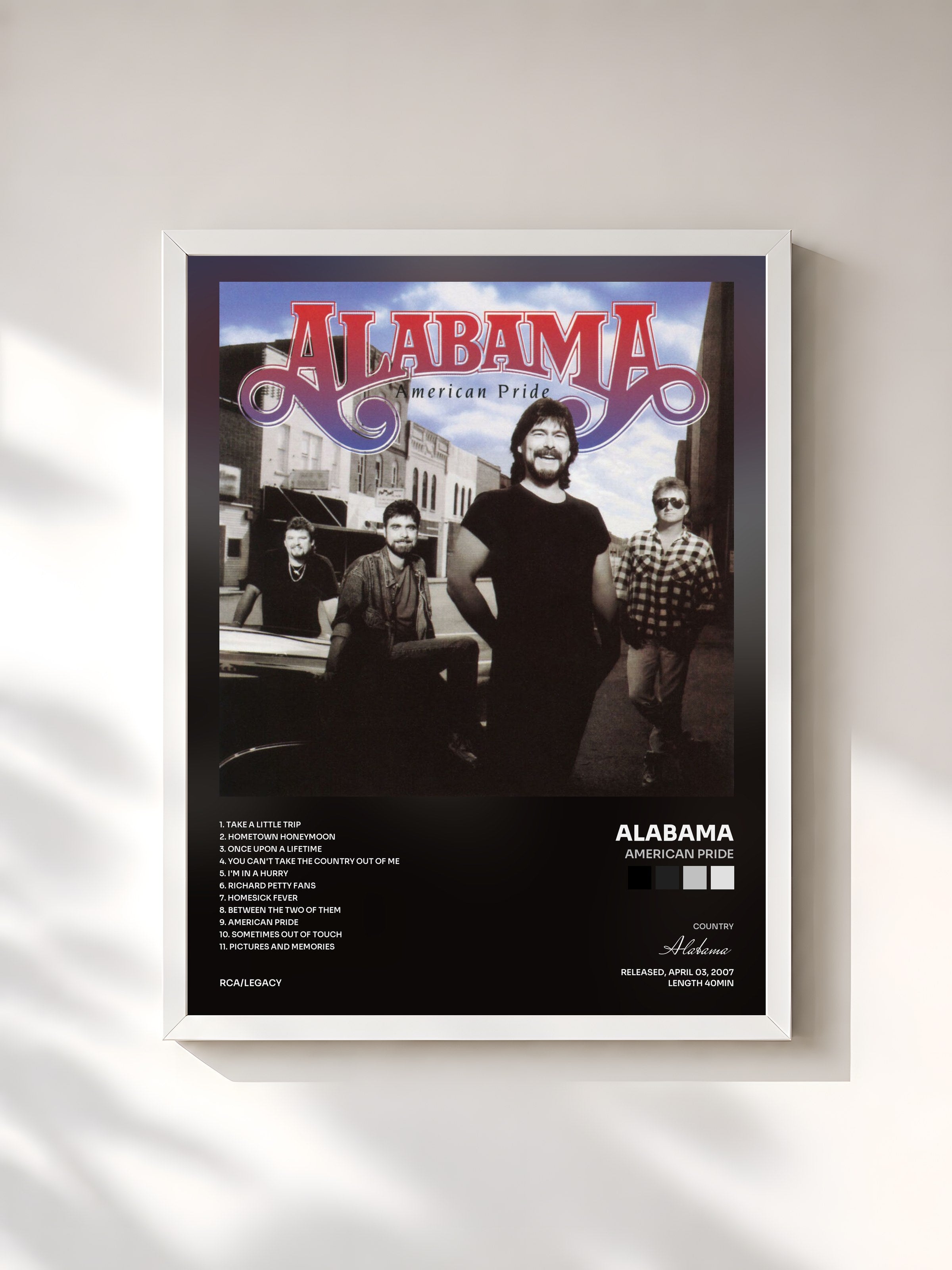 #blanc Tableau de l'album American Pride de Alabama, cadre blanc, imprimé et encadré en France