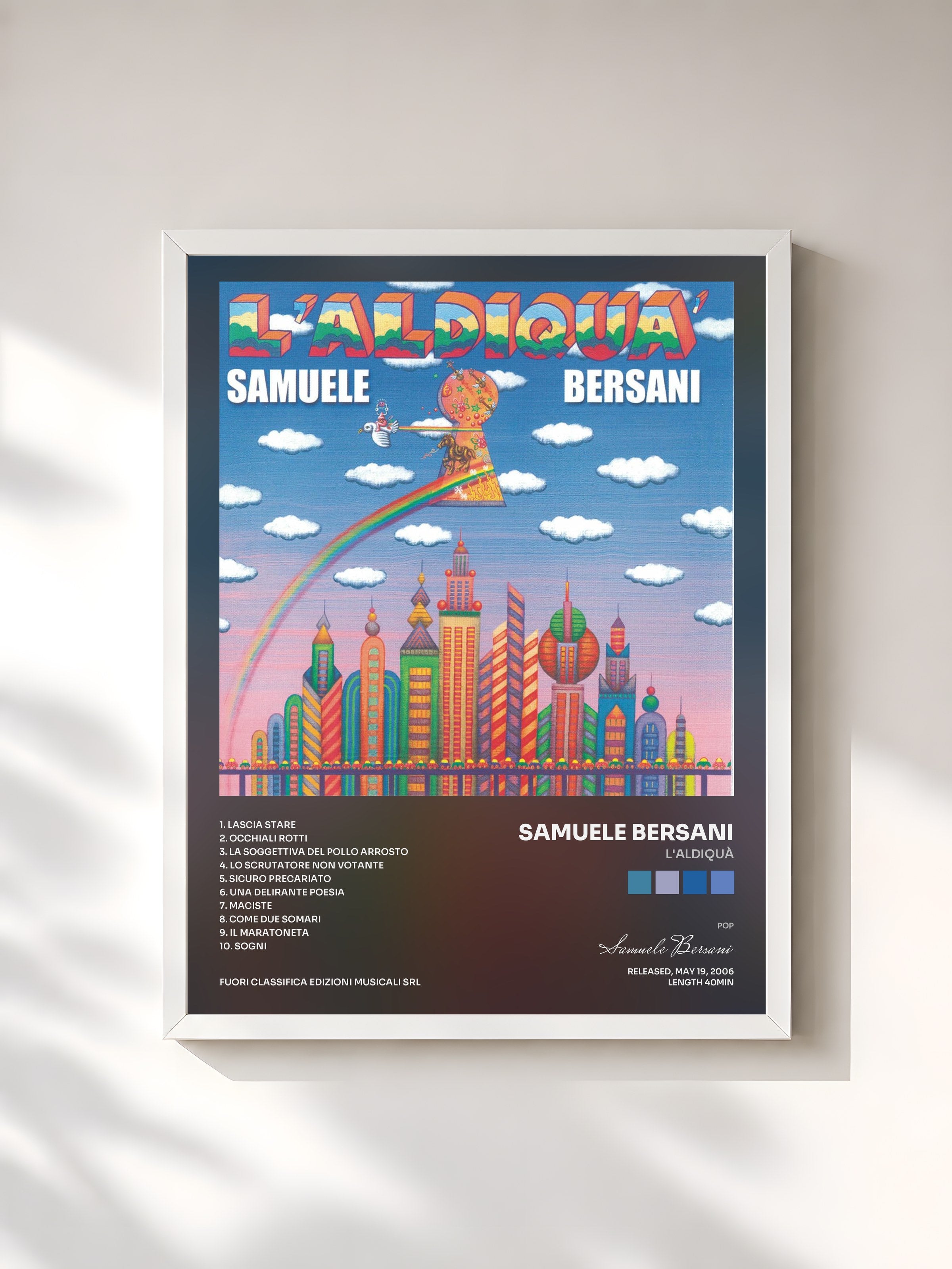 #blanc Tableau de l'album L'Aldiquà de Samuele Bersani, cadre blanc, imprimé et encadré en France