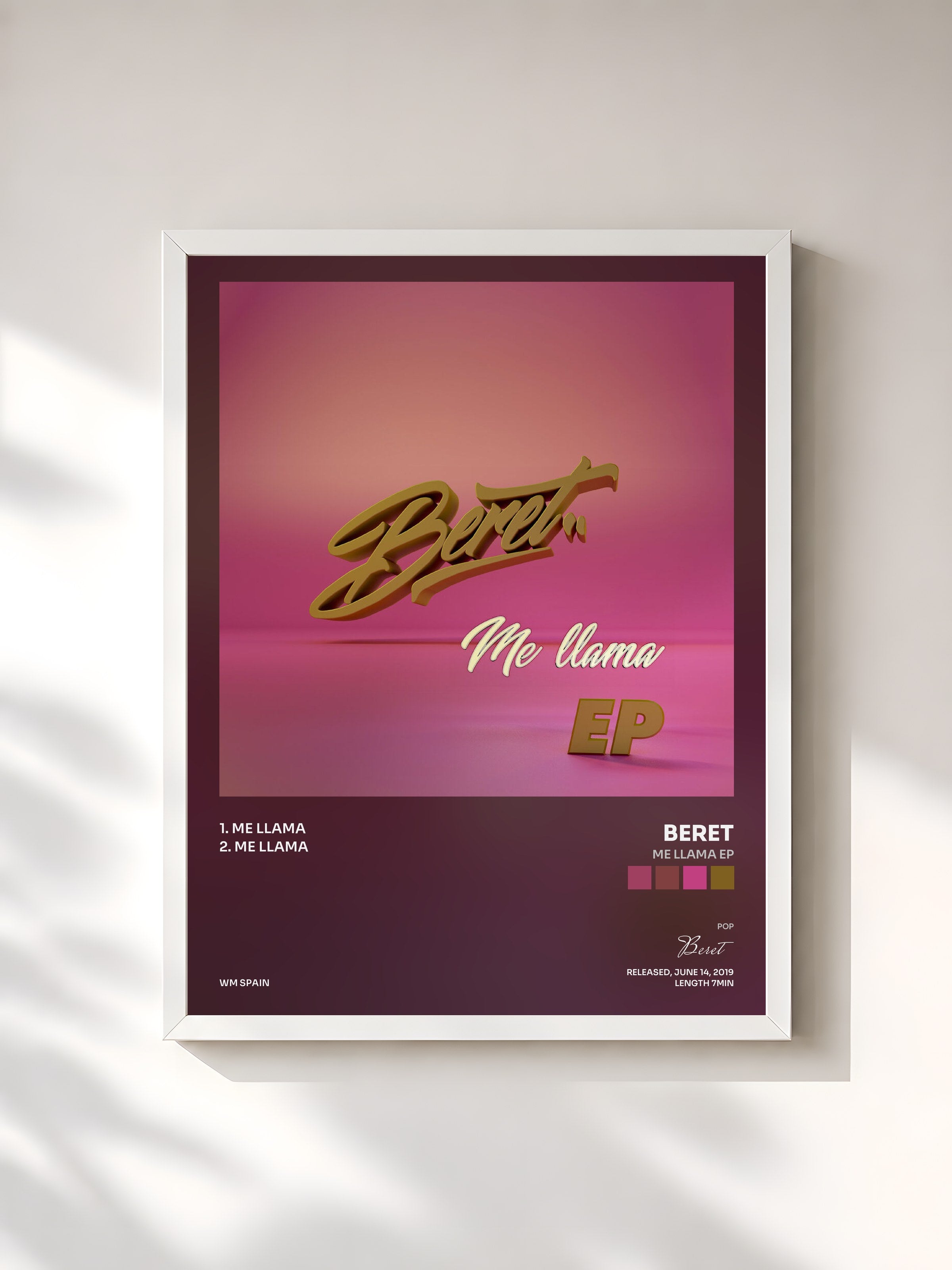 #blanc Tableau de l'album Me llama EP de Beret, cadre blanc, imprimé et encadré en France