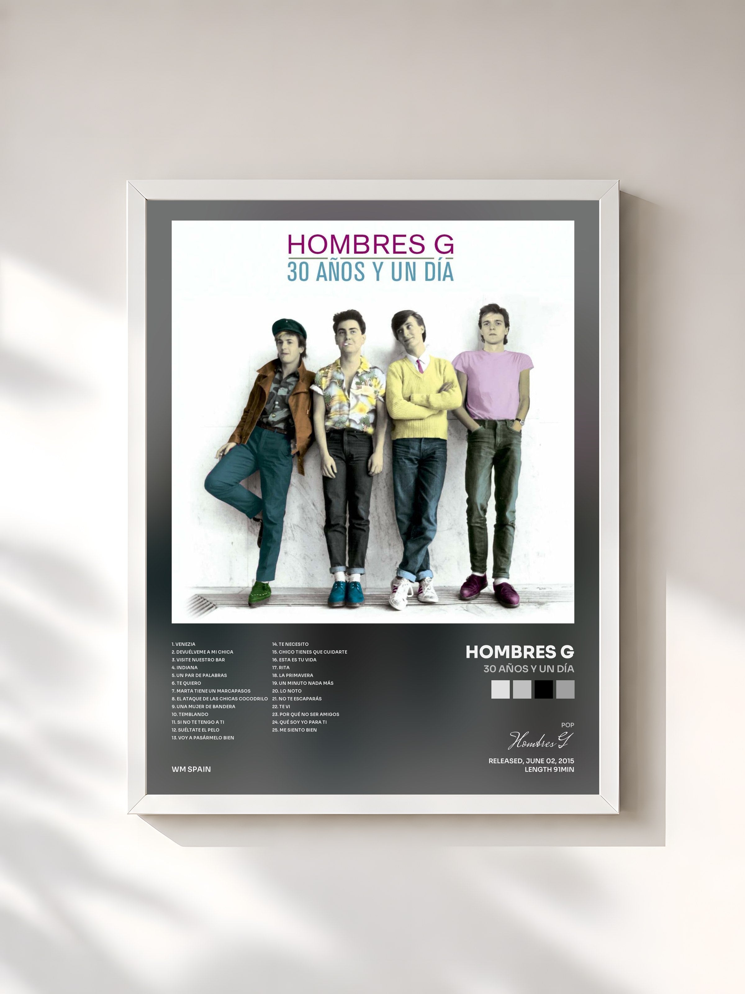 #blanc Tableau de l'album 30 años y un día de Hombres G, cadre blanc, imprimé et encadré en France