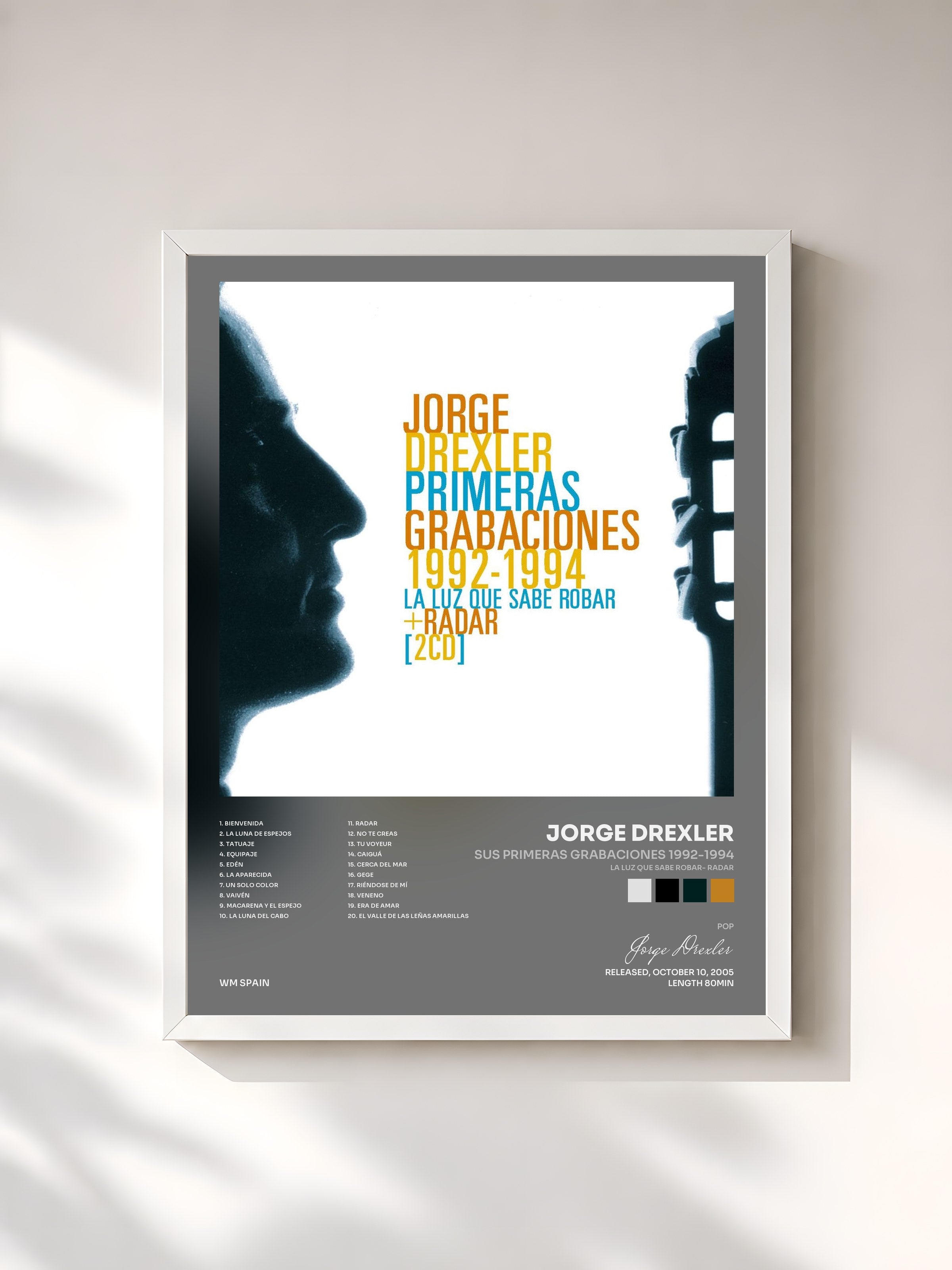 #blanc Tableau de l'album Sus primeras grabaciones 1992-1994 (La luz que sabe robar- Radar) de Jorge Drexler, cadre blanc, imprimé et encadré en France