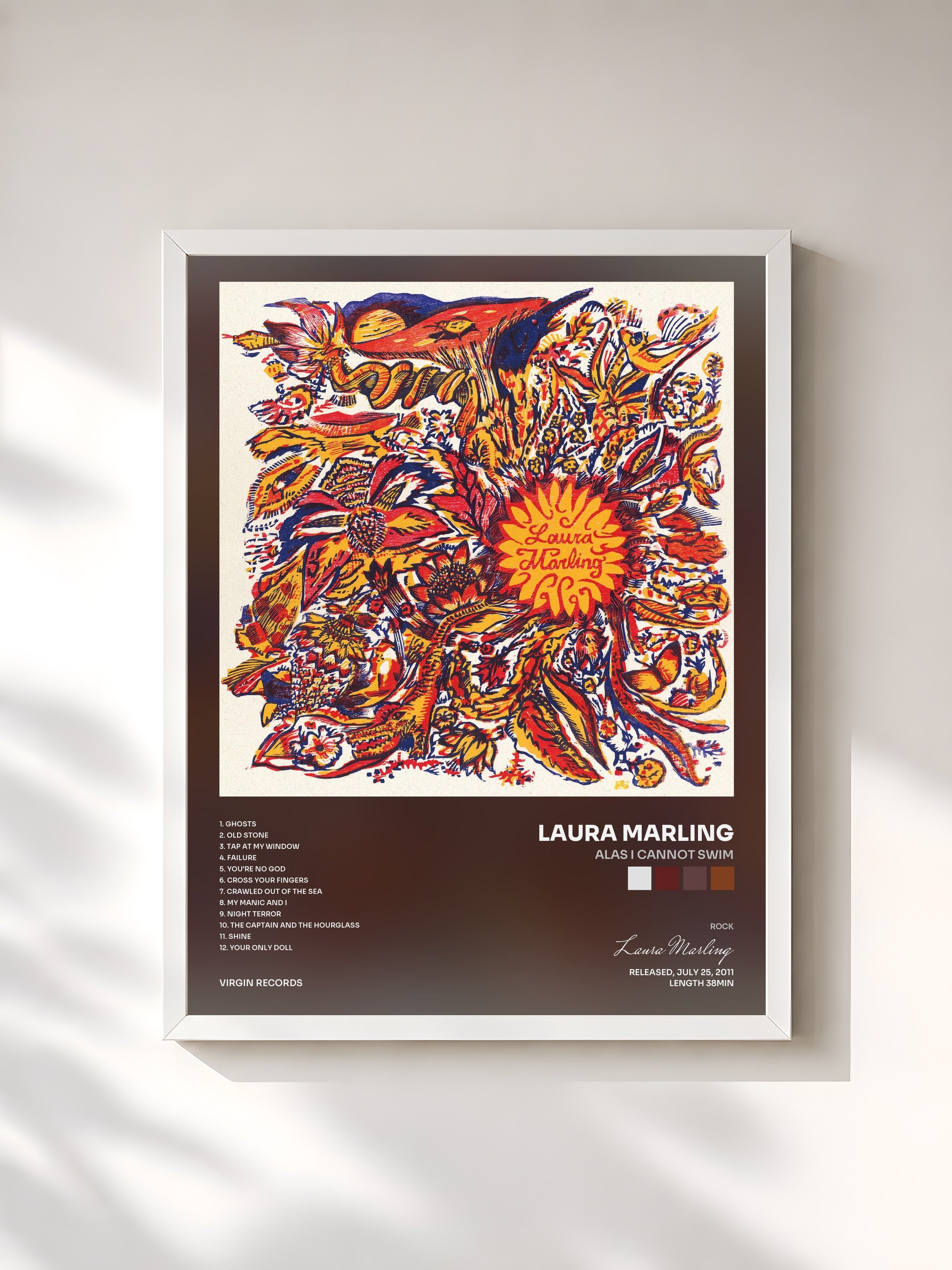 #blanc Tableau de l'album Alas I Cannot Swim de Laura Marling, cadre blanc, imprimé et encadré en France