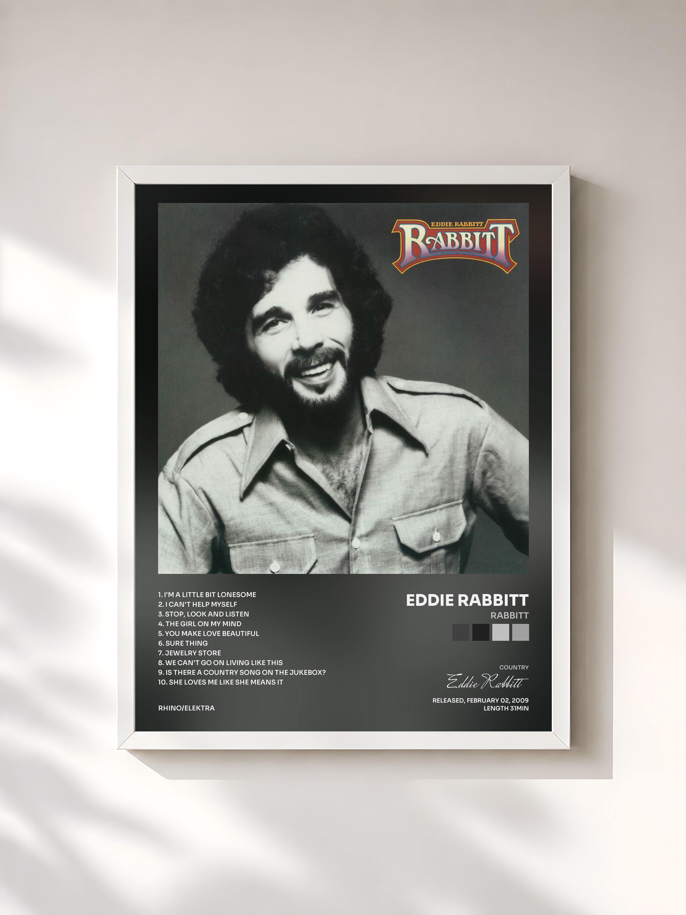 #blanc Tableau de l'album Rabbitt de Eddie Rabbitt, cadre blanc, imprimé et encadré en France