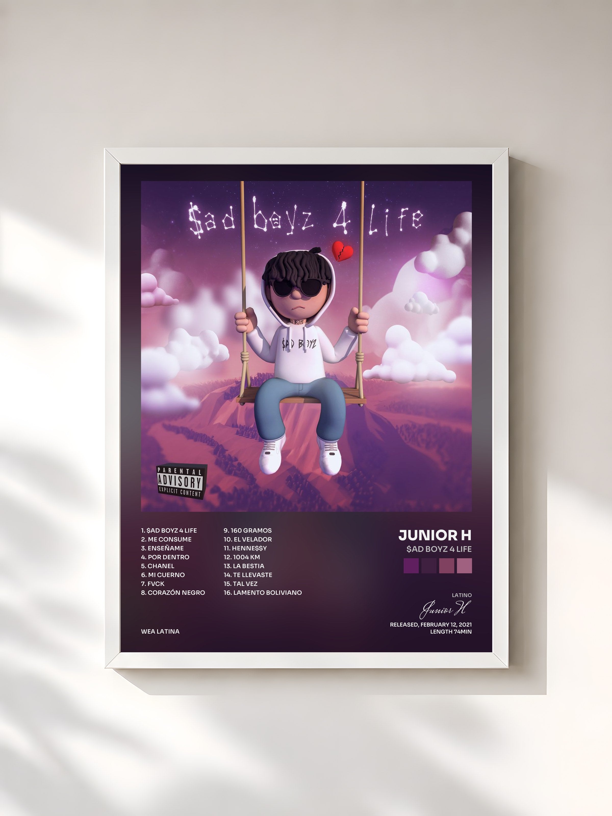 #blanc Tableau de l'album $ad Boyz 4 Life de Junior H, cadre blanc, imprimé et encadré en France