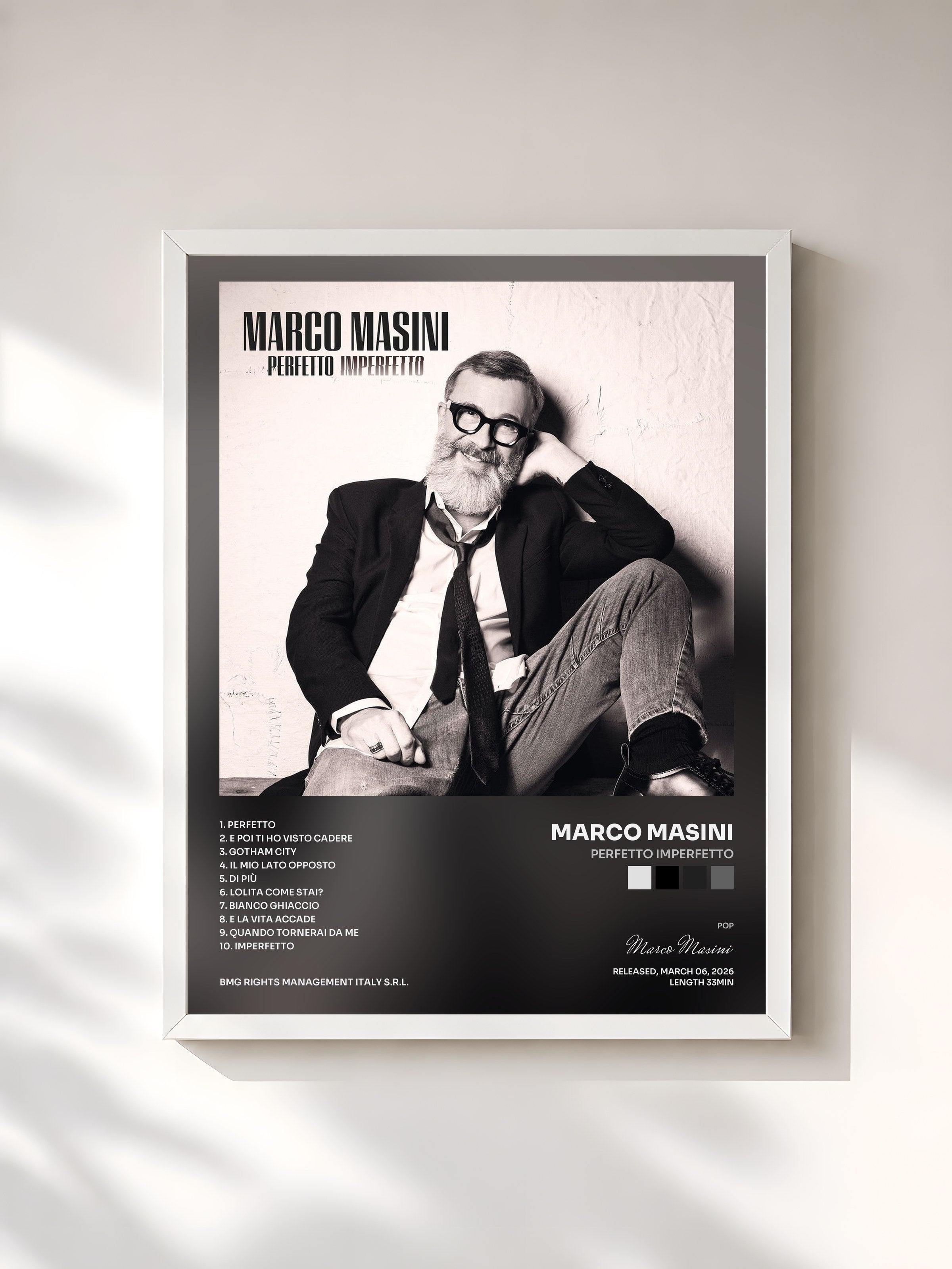 #blanc Tableau de l'album Perfetto imperfetto de Marco Masini, cadre blanc, imprimé et encadré en France