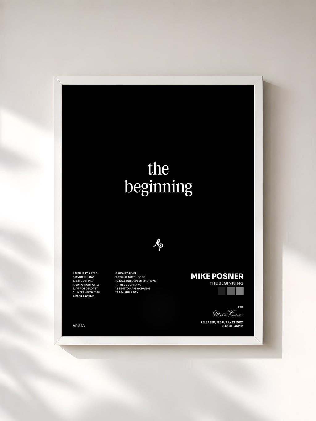 #blanc Tableau de l'album The Beginning de Mike Posner, cadre blanc, imprimé et encadré en France