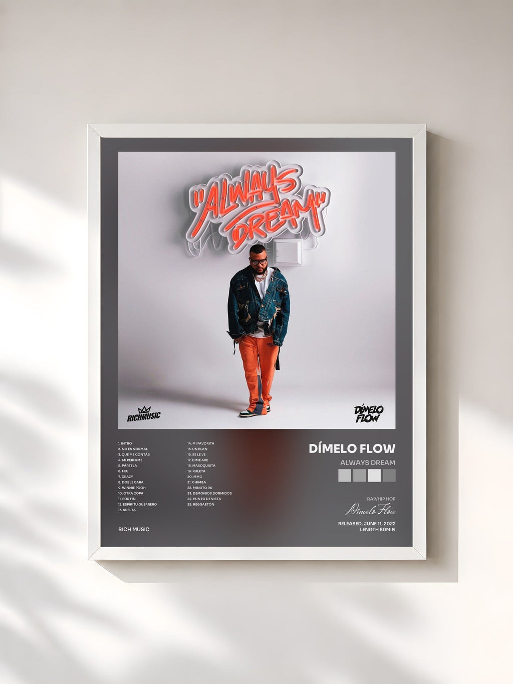 #blanc Tableau de l'album Always Dream de Dímelo Flow, cadre blanc, imprimé et encadré en France
