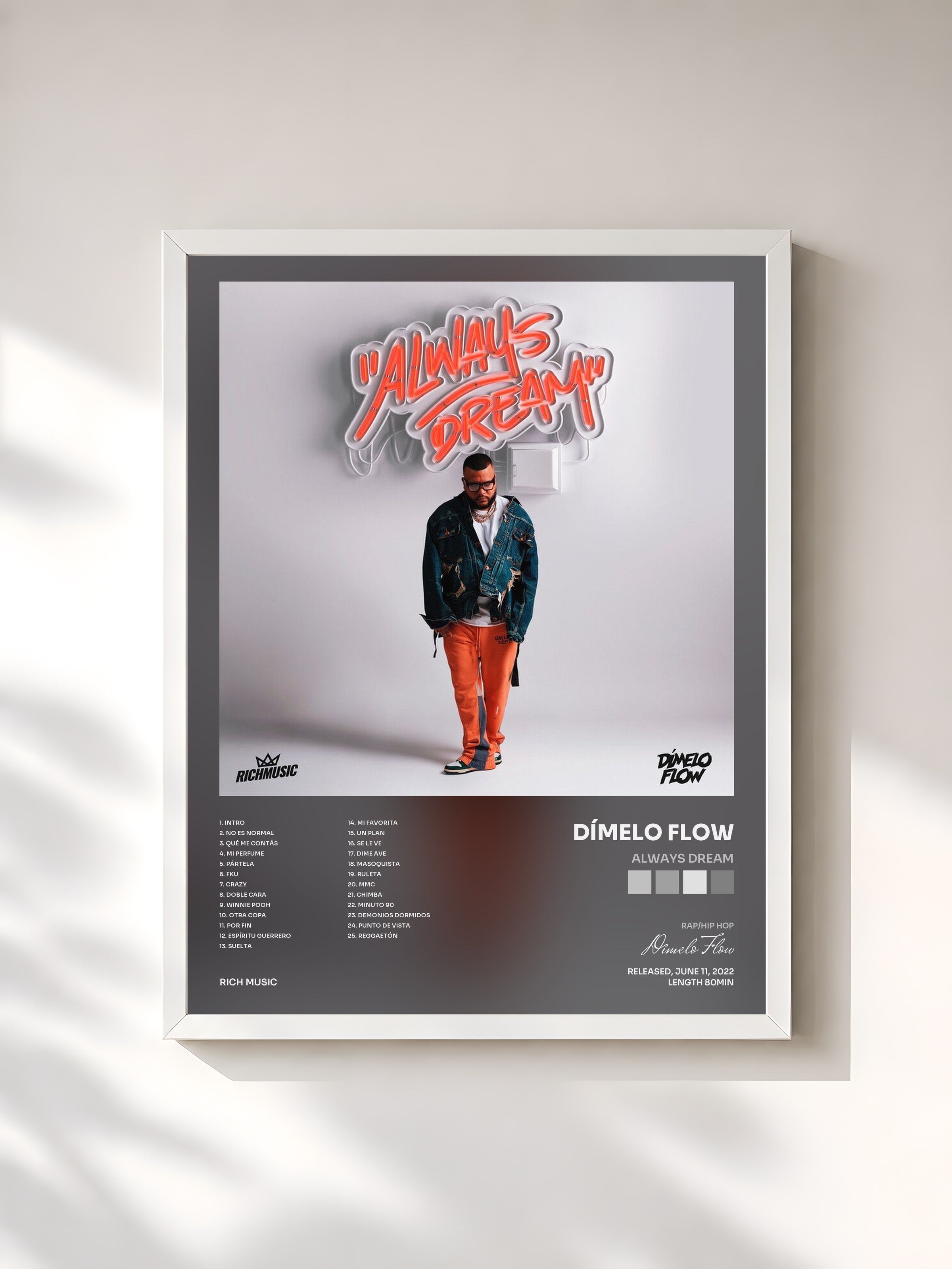 #blanc Tableau de l'album Always Dream de Dímelo Flow, cadre blanc, imprimé et encadré en France