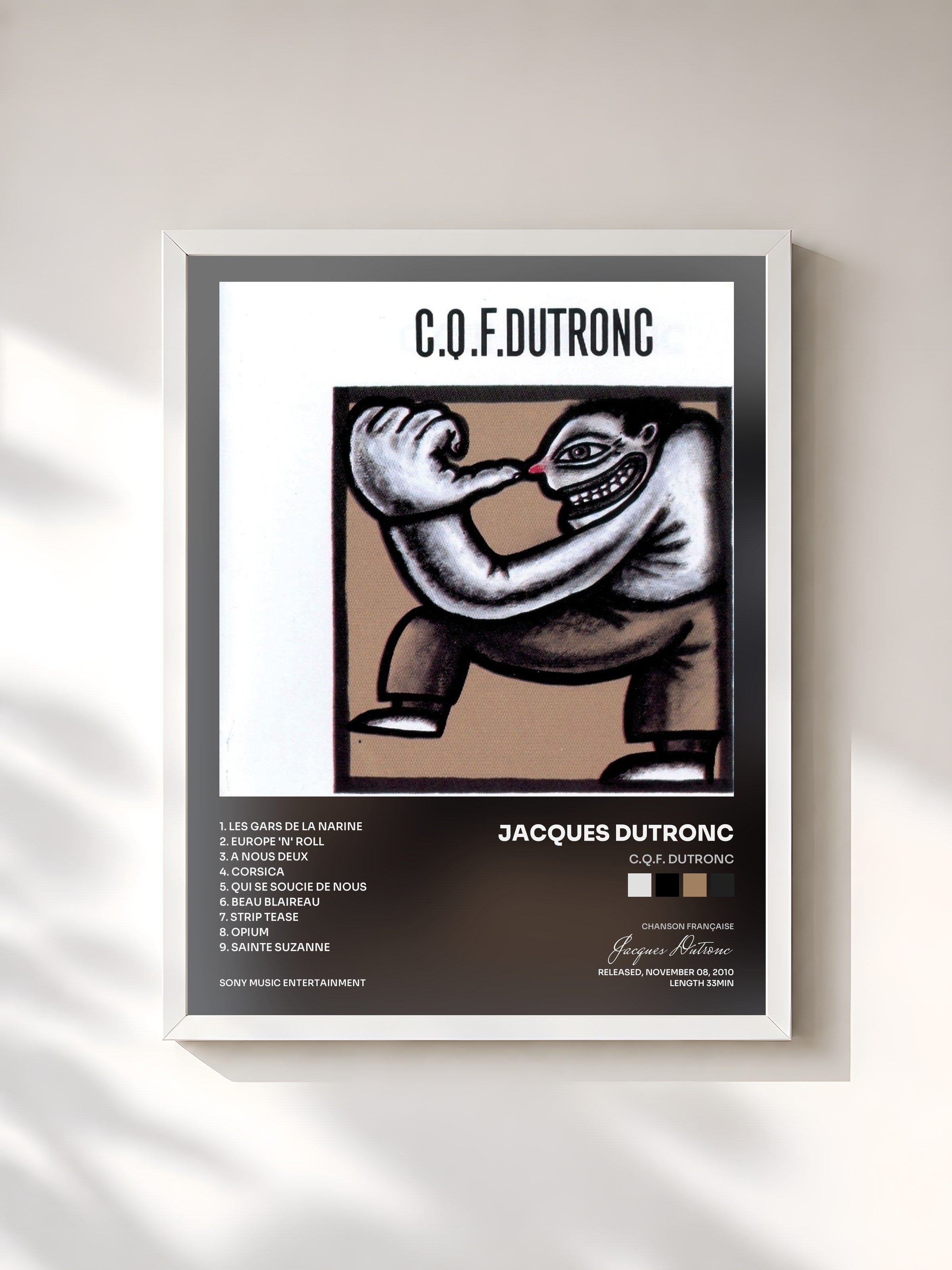 #blanc Tableau de l'album C.Q.F. Dutronc de Jacques Dutronc, cadre blanc, imprimé et encadré en France