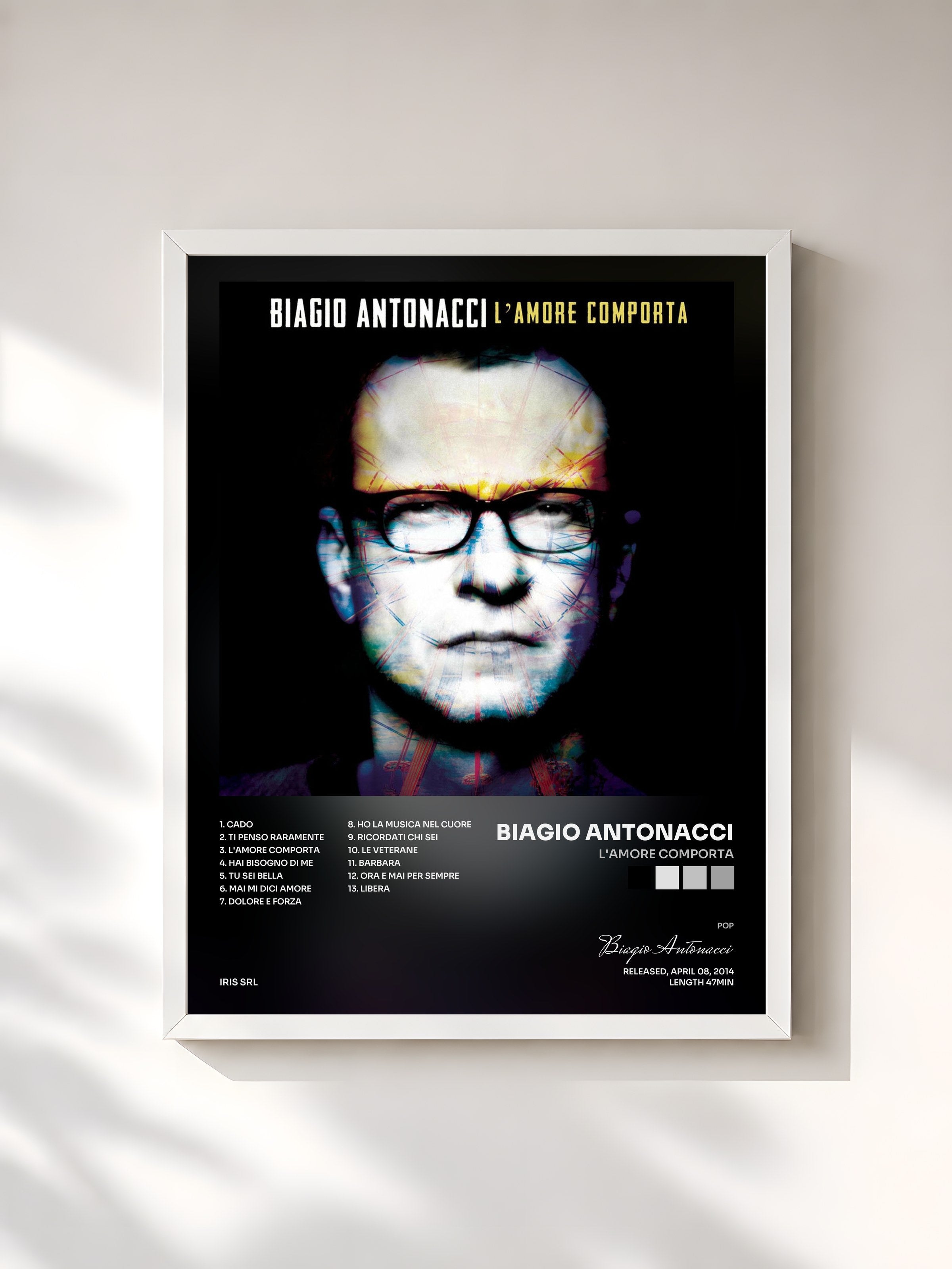 #blanc Tableau de l'album L'amore comporta de Biagio Antonacci, cadre blanc, imprimé et encadré en France
